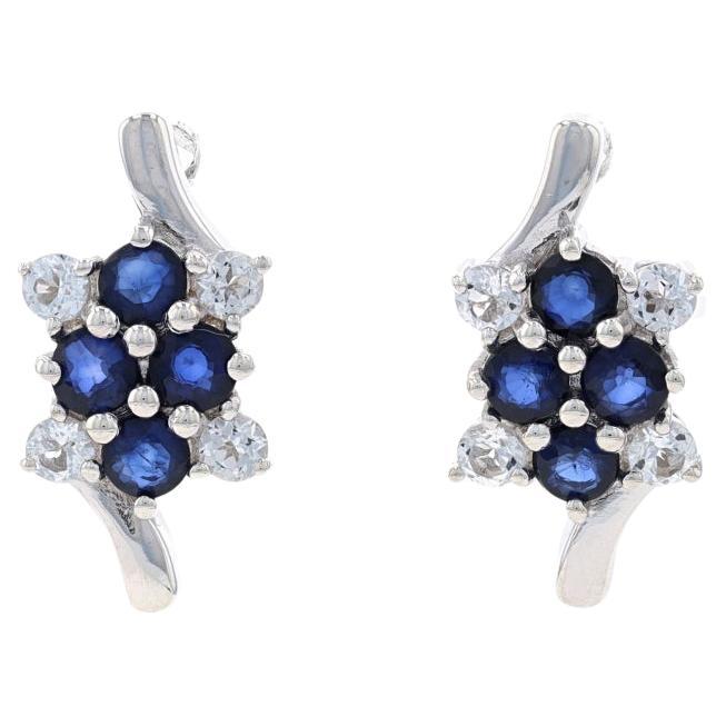 Sterling Sapphire & White Topaz Short Drop Bypass Earrings - 925 Floral Cluster