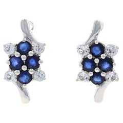 Sterling Sapphire & White Topaz Short Drop Bypass Earrings - 925 Floral Cluster