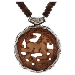 Sterling Serpentine & Wood Horse Medallion Necklace 18 1/2" 925 Beads Equestrian