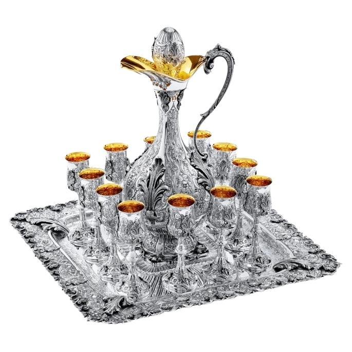 Set de flacons de vin en argent Sterling, avec bols et tablettes, à la main
