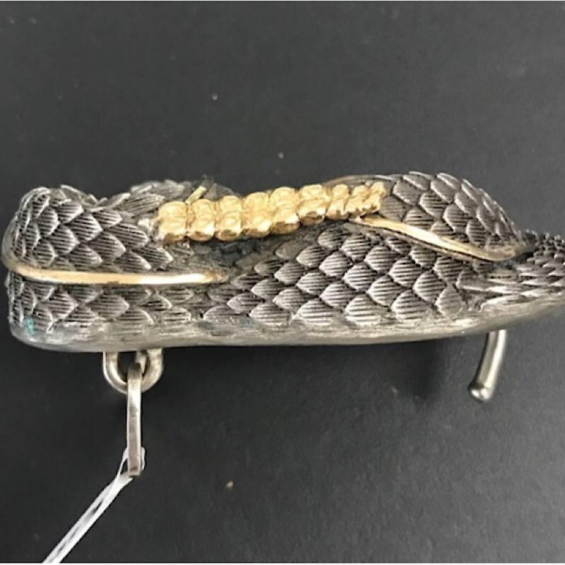 Contemporary Sterling Silver and 22 Karat Gold Snake Style Belt Buckle with Tsavorite Eye For Sale
