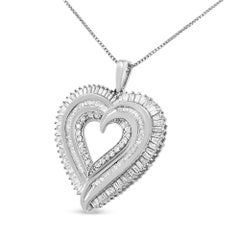 Sterling Silver 1 1/2 Carat Baguette Diamond Composite Heart Pendant Necklace