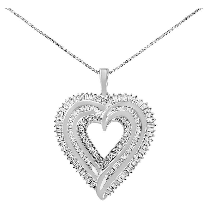 Sterling Silver 1 1/2 Carat Baguette Diamond Composite Heart Pendant Necklace For Sale