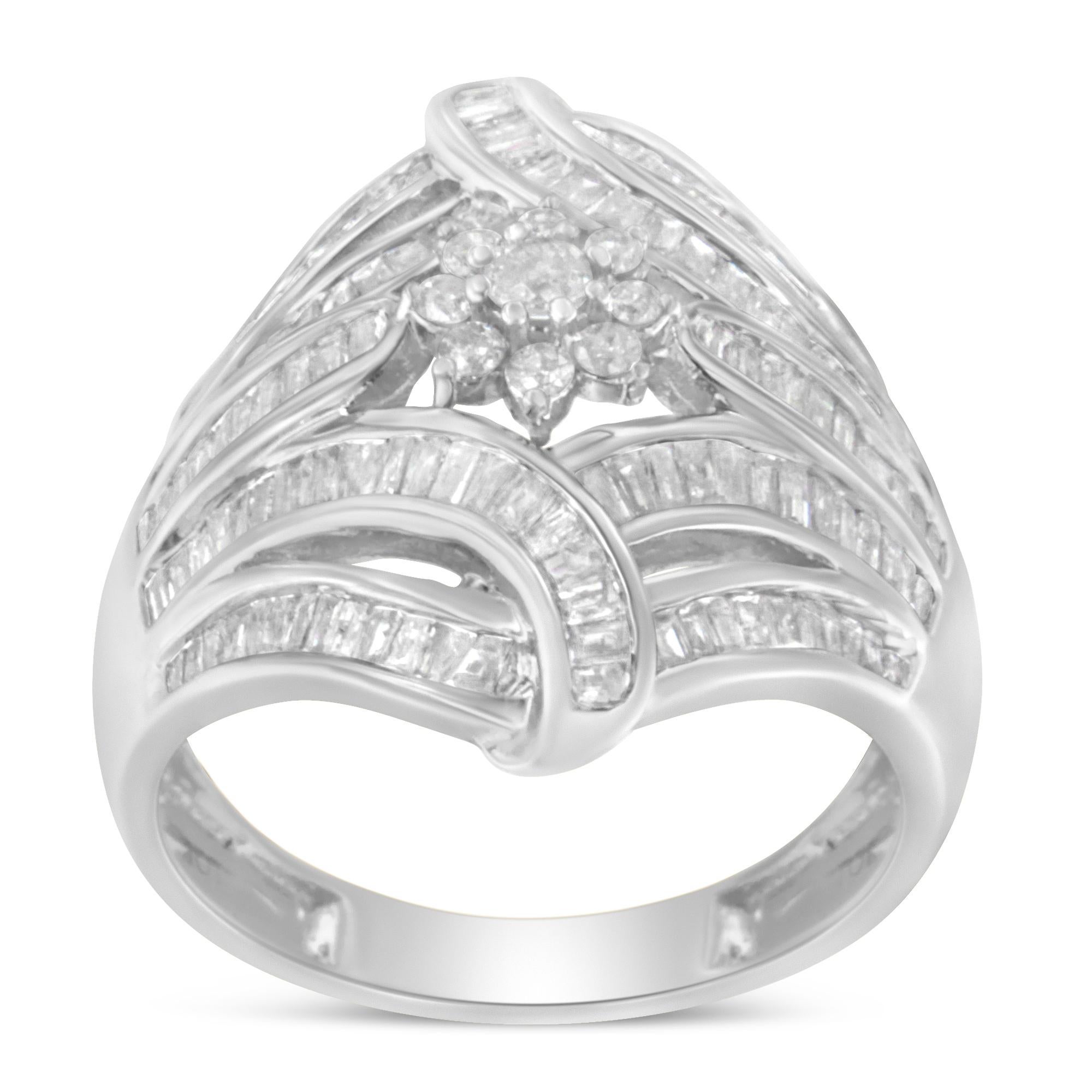 Sterling Silber 1-1/8 Cttw Diamant 'Blume & Farn' Cluster Cocktail Mode Ring (Rundschliff) im Angebot