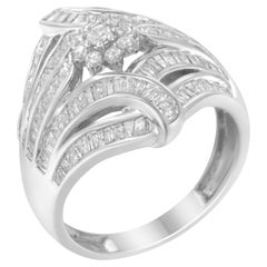 Sterling Silber 1-1/8 Cttw Diamant 'Blume & Farn' Cluster Cocktail Mode Ring