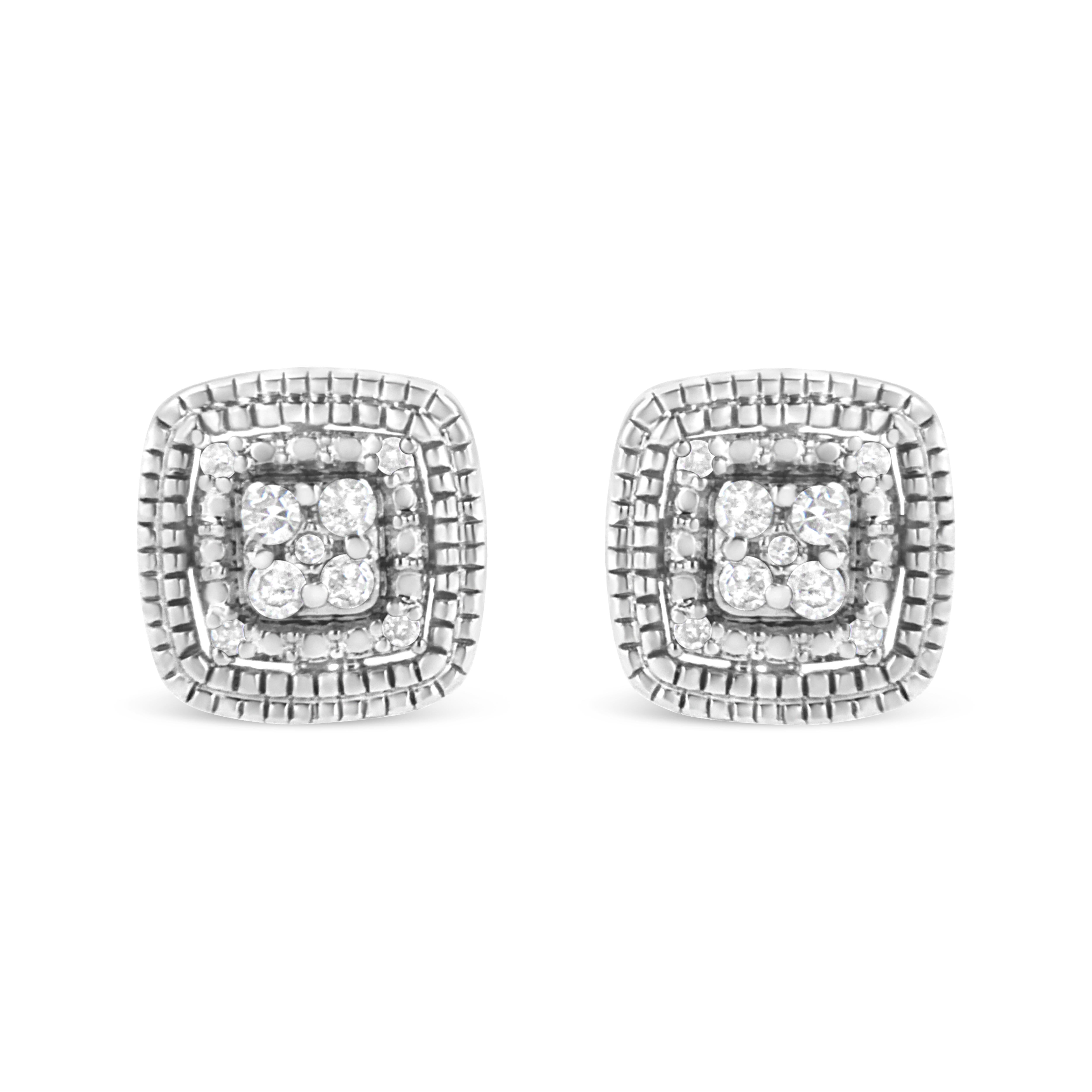 These lovely squared shaped studs are crafted in cool sterling silver and showcase 1/10ct TDW of diamonds. Each earring holds as its centerpiece a 5 diamond composite that is framed by three polished silver beaded ribbons that catch and reflect the