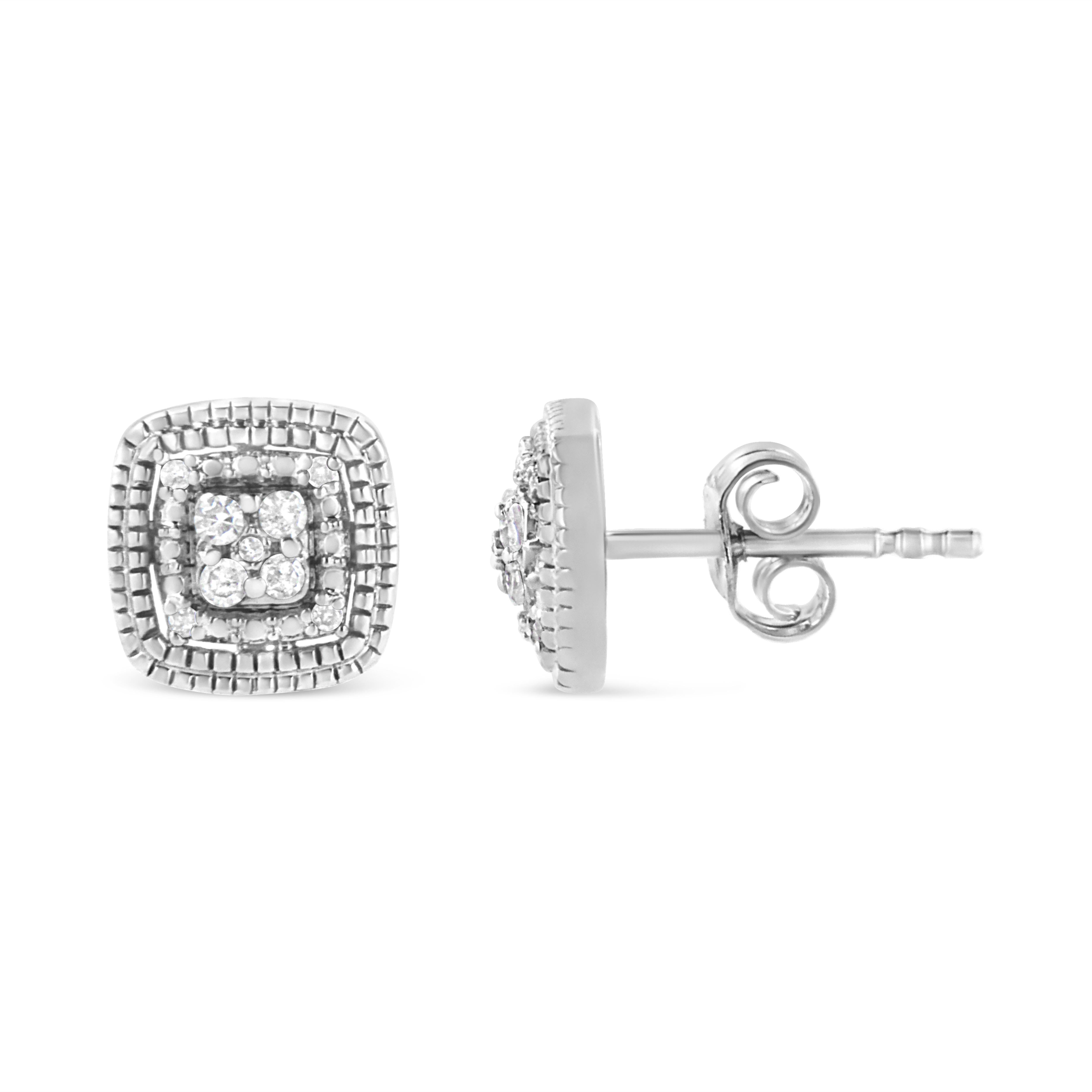 Contemporary Sterling Silver 1/10 Carat Diamond Square Shape with Milgrain Halo Stud Earrings For Sale