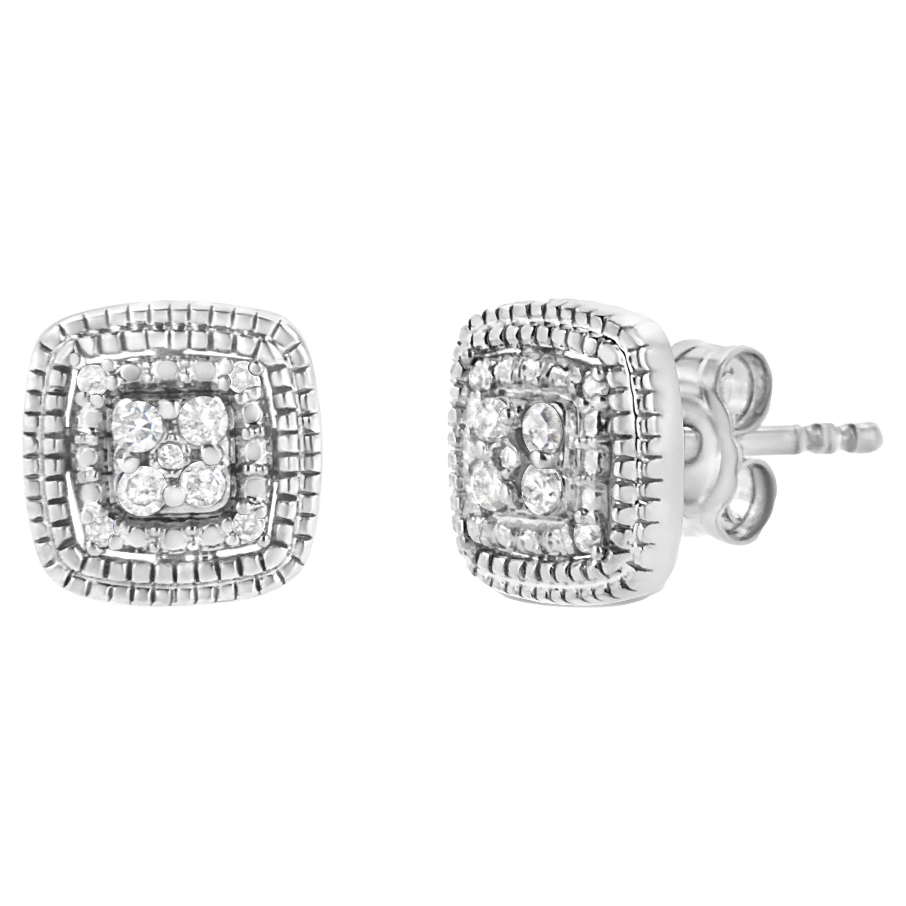 Sterling Silver 1/10 Carat Diamond Square Shape with Milgrain Halo Stud Earrings For Sale