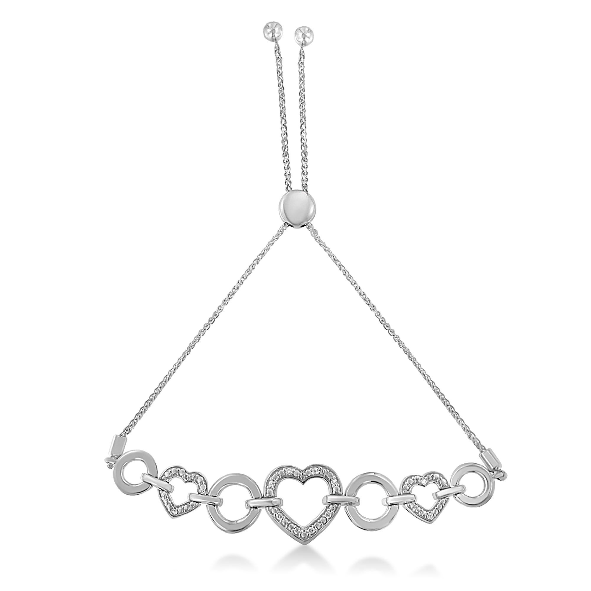 Contemporary Sterling Silver 1/10 Carat Round-Cut Diamond Heart-Link Adjustable Bolo Bracelet For Sale
