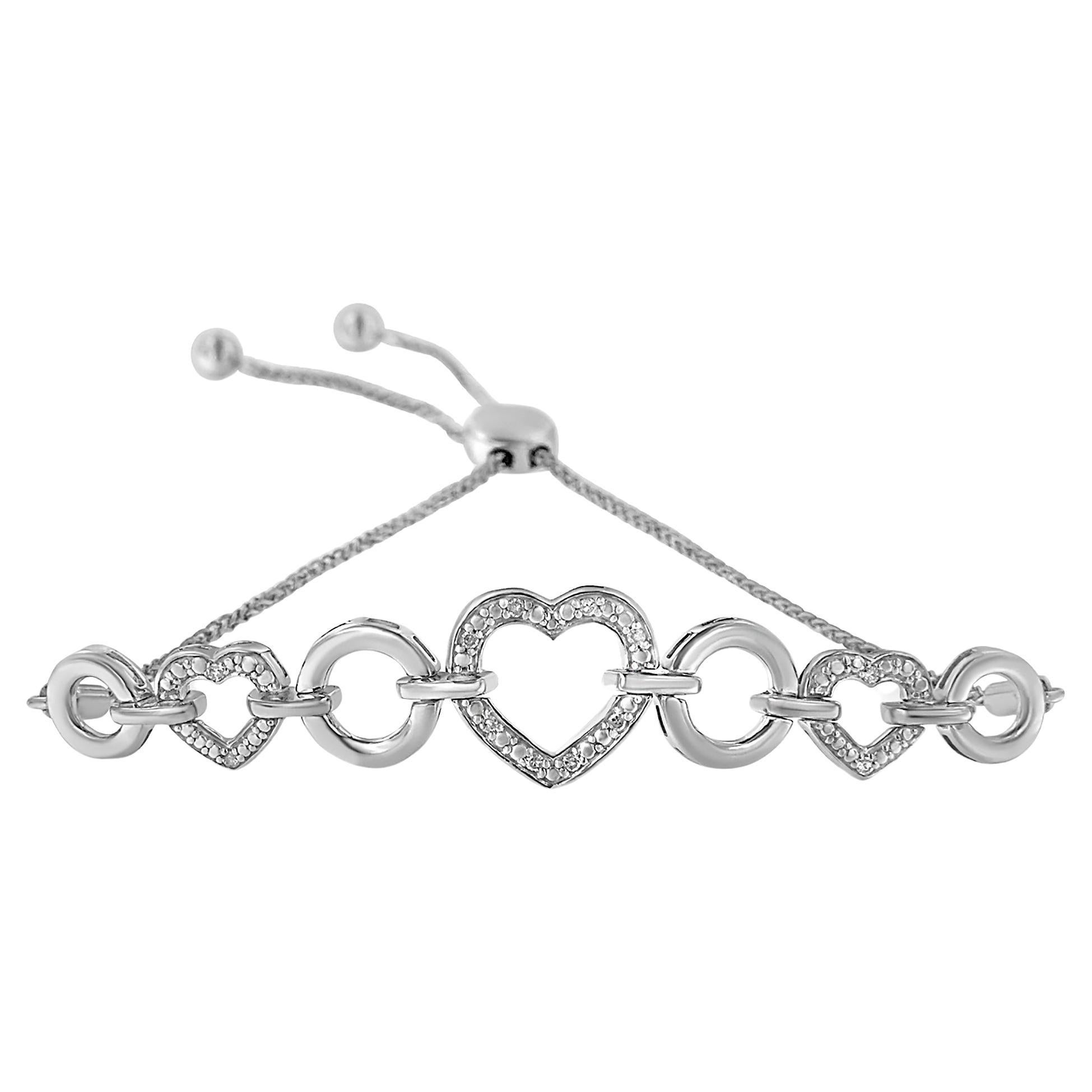 Sterling Silver 1/10 Carat Round-Cut Diamond Heart-Link Adjustable Bolo Bracelet For Sale