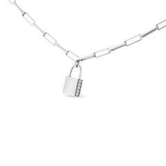 Sterling Silver 1/10 Carat Round Diamond Lock Pendant Paperclip Chin Necklace