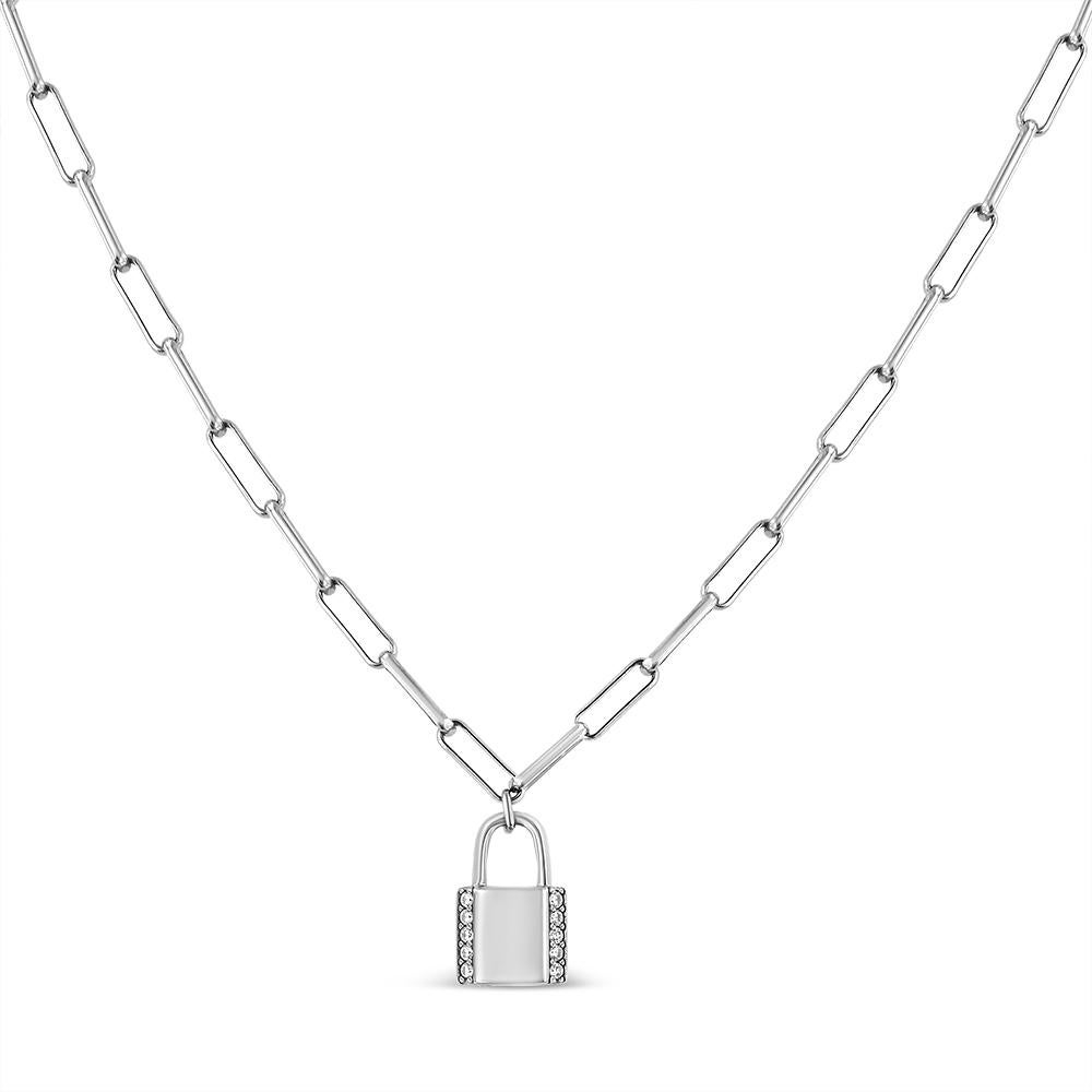 Modern Sterling Silver 1/10 Carat Round Diamond Lock Pendant Paperclip Chin Necklace For Sale