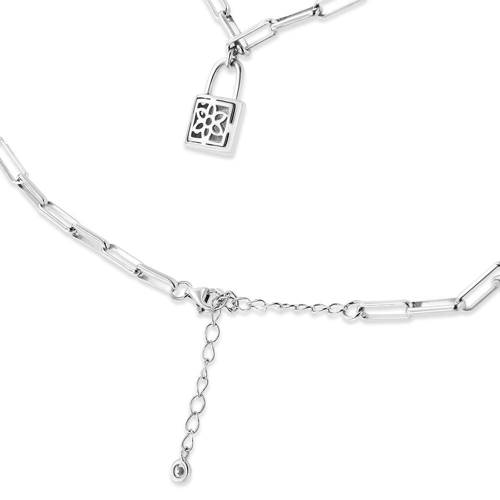 Round Cut Sterling Silver 1/10 Carat Round Diamond Lock Pendant Paperclip Chin Necklace For Sale