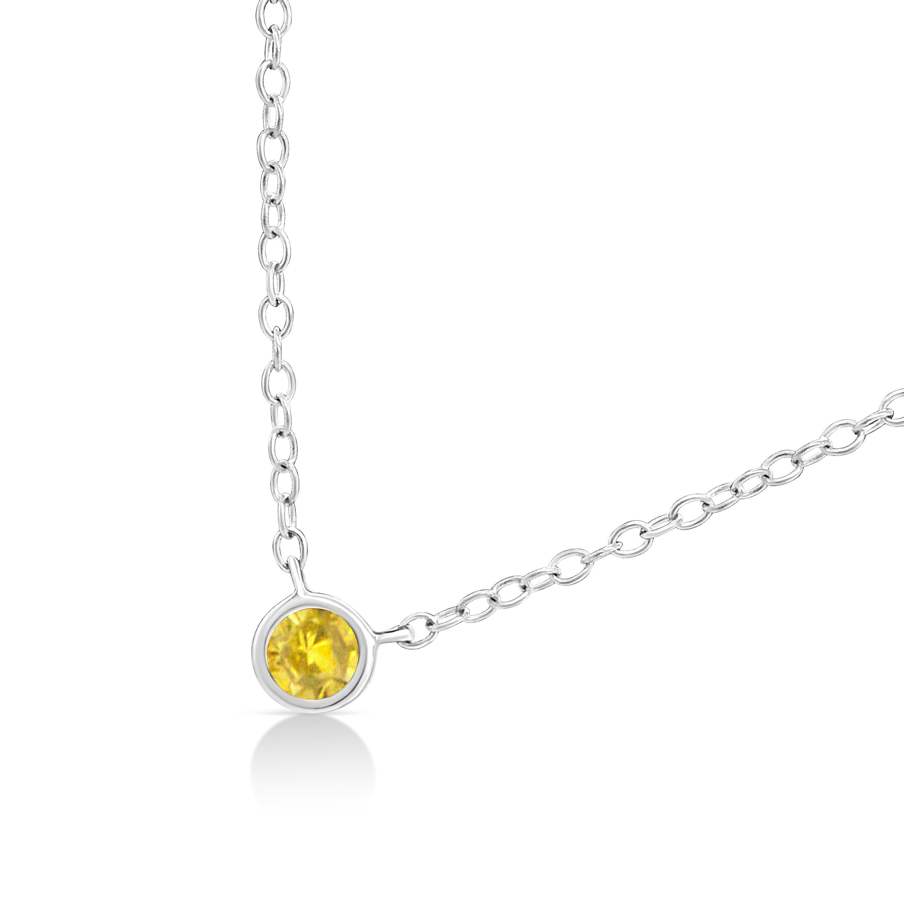 Modern Sterling Silver 1/10 Carat Yellow Diamond Bezel-Set Adjustable Pendant Necklace For Sale