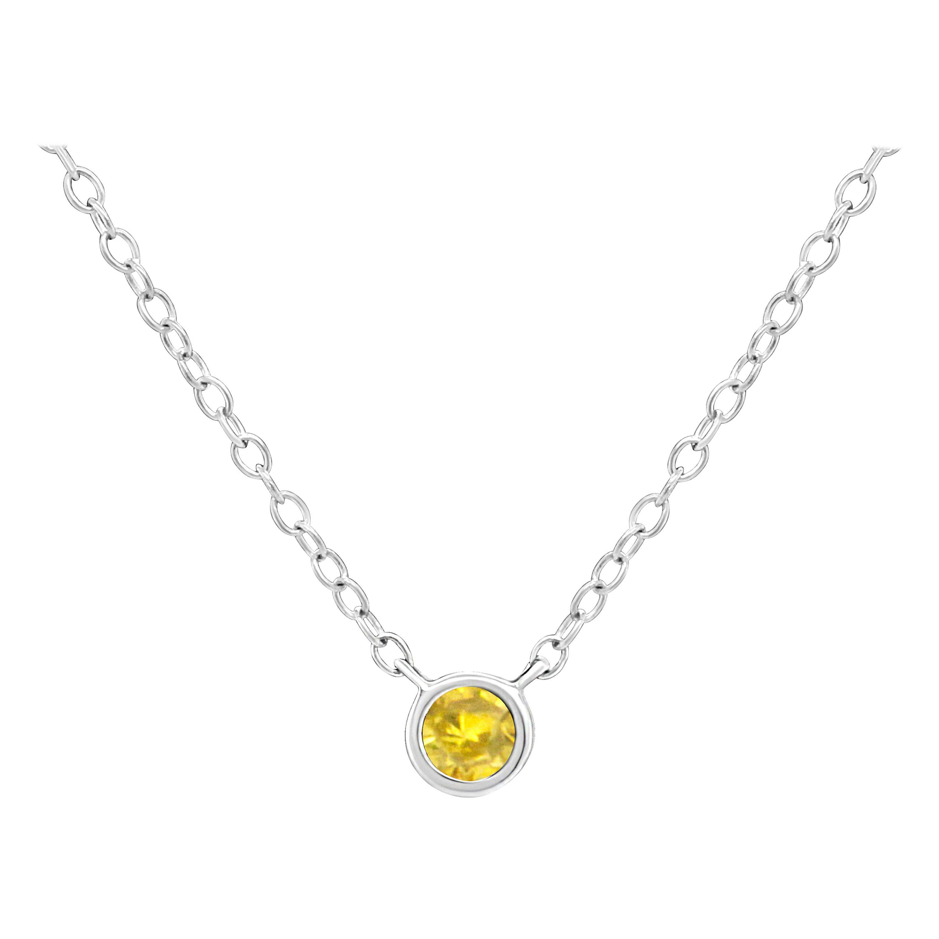 Sterling Silver 1/10 Carat Yellow Diamond Bezel-Set Adjustable Pendant Necklace For Sale