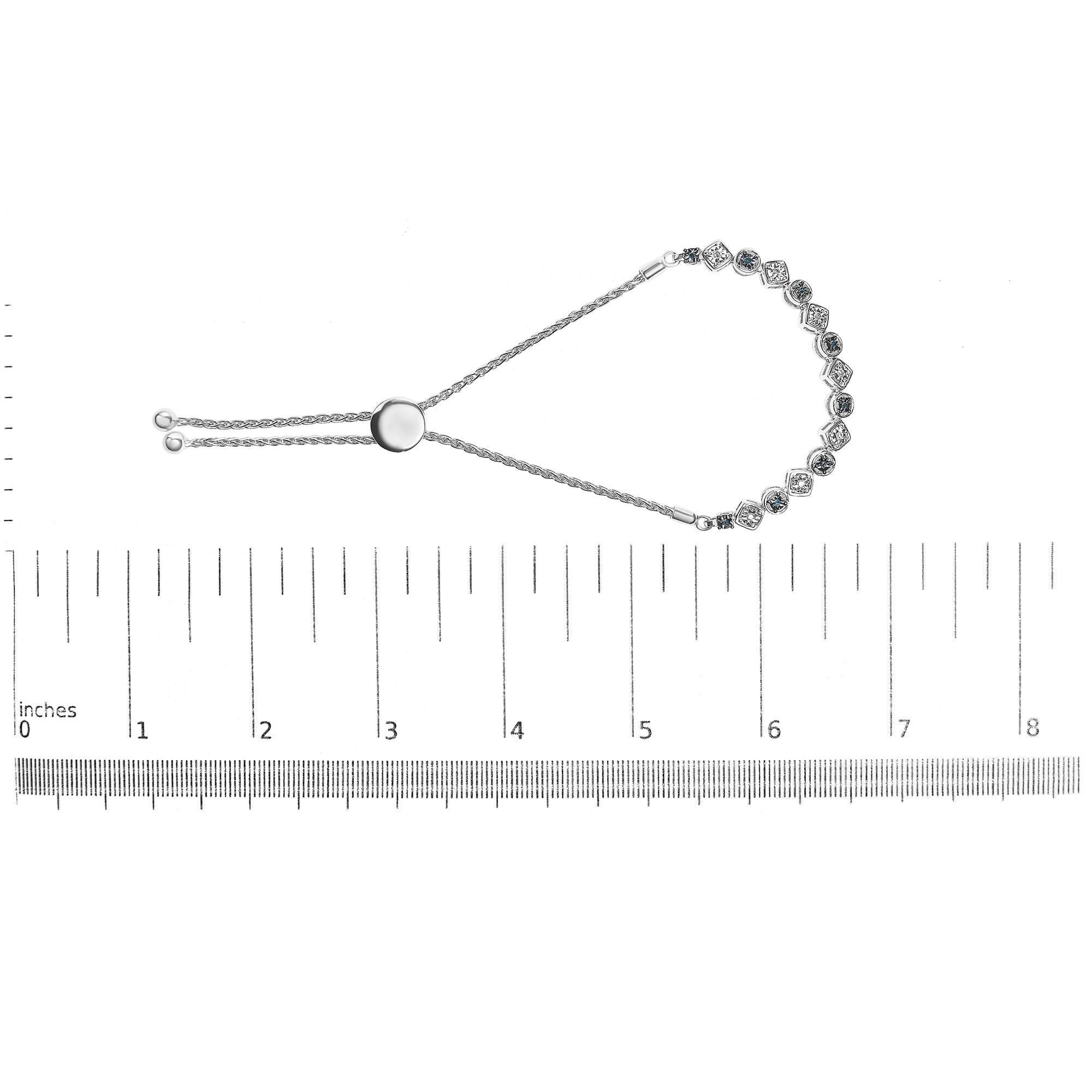 Taglio rotondo Bracciale Bolo in argento sterling con diamanti blu e bianchi alternati da 1/10 cttw in vendita