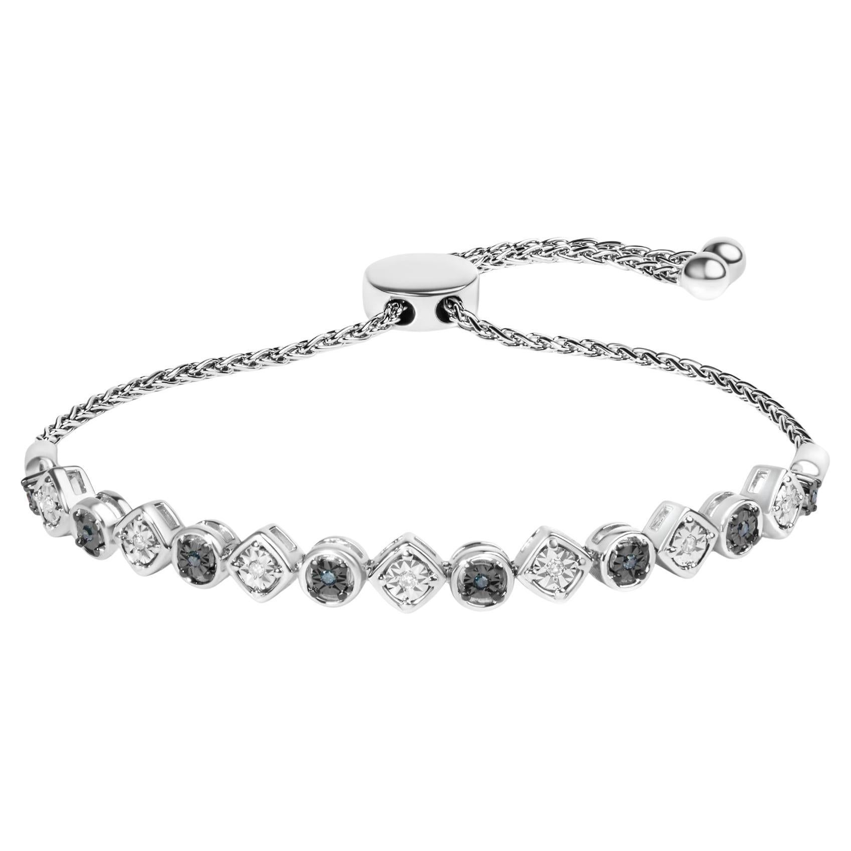 Sterling Silver 1/10 Cttw Alternating Blue and White Diamond Link Bolo Bracelet