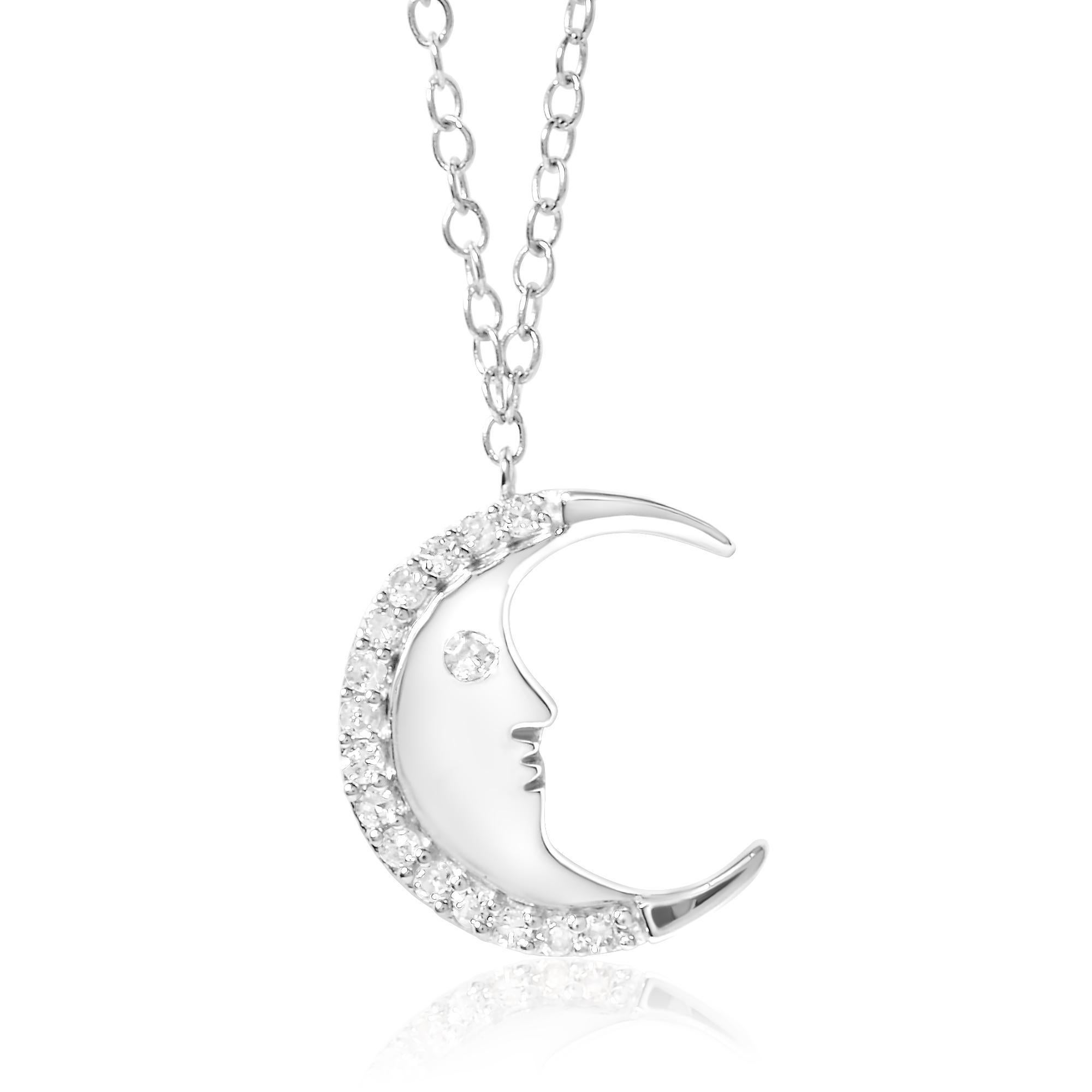 Taglio rotondo Collana con ciondolo in argento sterling con diamante da 1/10 di carato a mezzaluna da 18