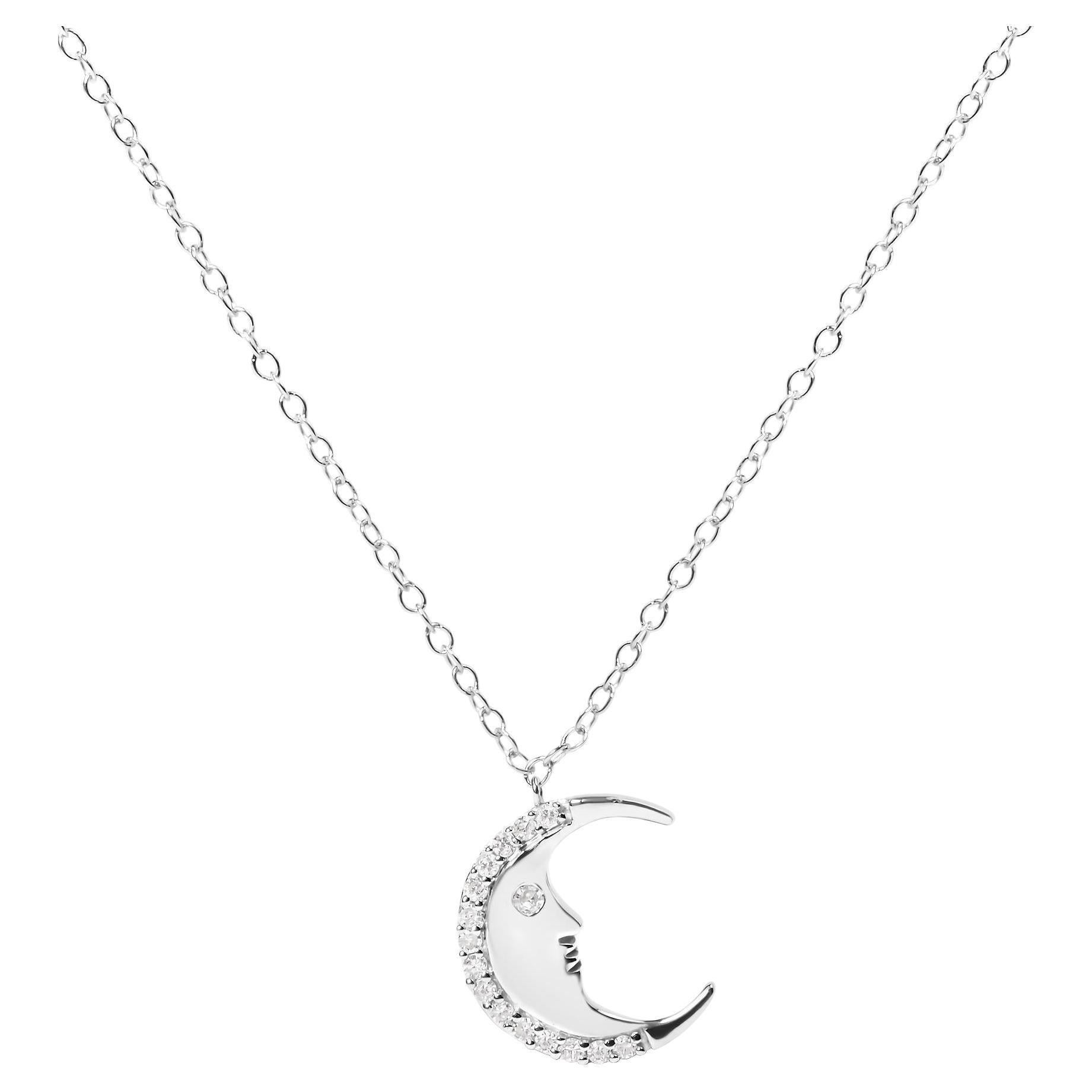 Sterling Silver 1/10 cttw Diamond Crescent Man on the Moon 18" Pendant Necklace