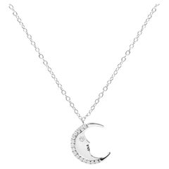 Sterling Silver 1/10 cttw Diamond Crescent Man on the Moon 18" Pendant Necklace