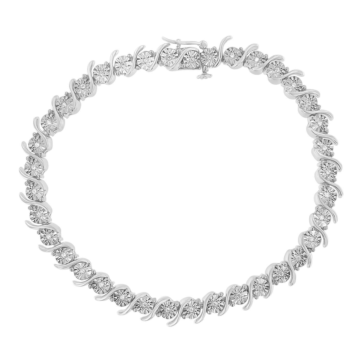 Elegant and timeless, this gorgeous 92.5% sterling silver tennis bracelet features 0.1 carat total weight of natural round brilliant cut white diamonds with 18 individual stones in all. The tennis bracelet has each diamond set into a faceted bezel