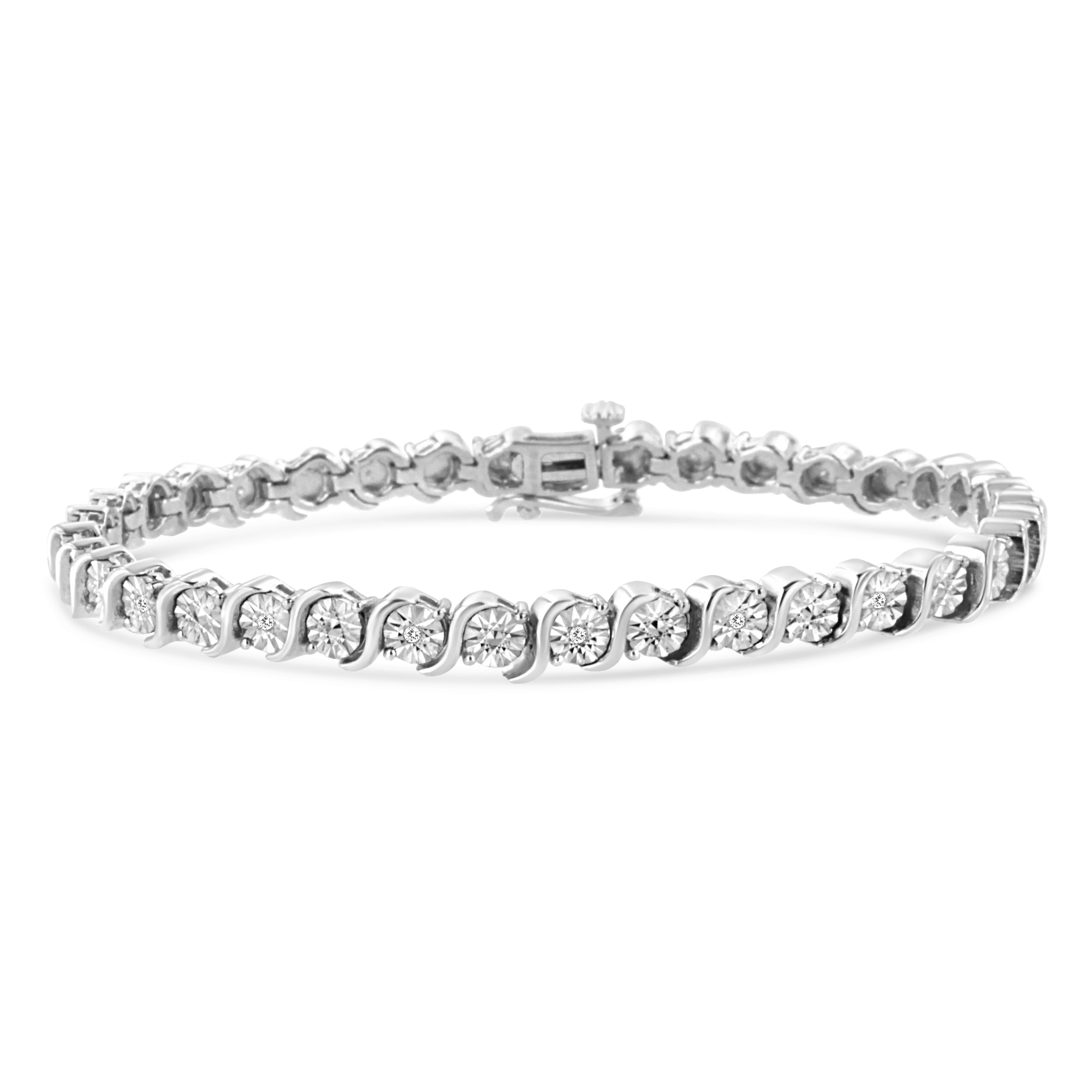 Sterling Silver 1/10 Cttw Diamond Miracle Plate and "S" Link Tennis Bracelet For Sale