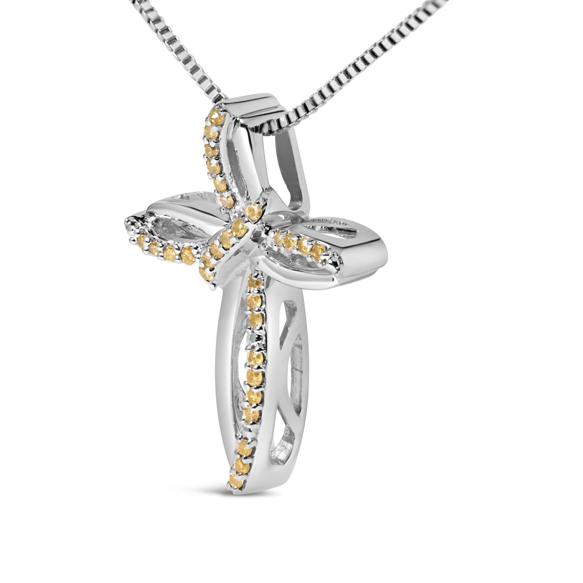 Moderno Collana con ciondolo a forma di nastro e croce in argento sterling con diamanti gialli da 1/10 Cttw