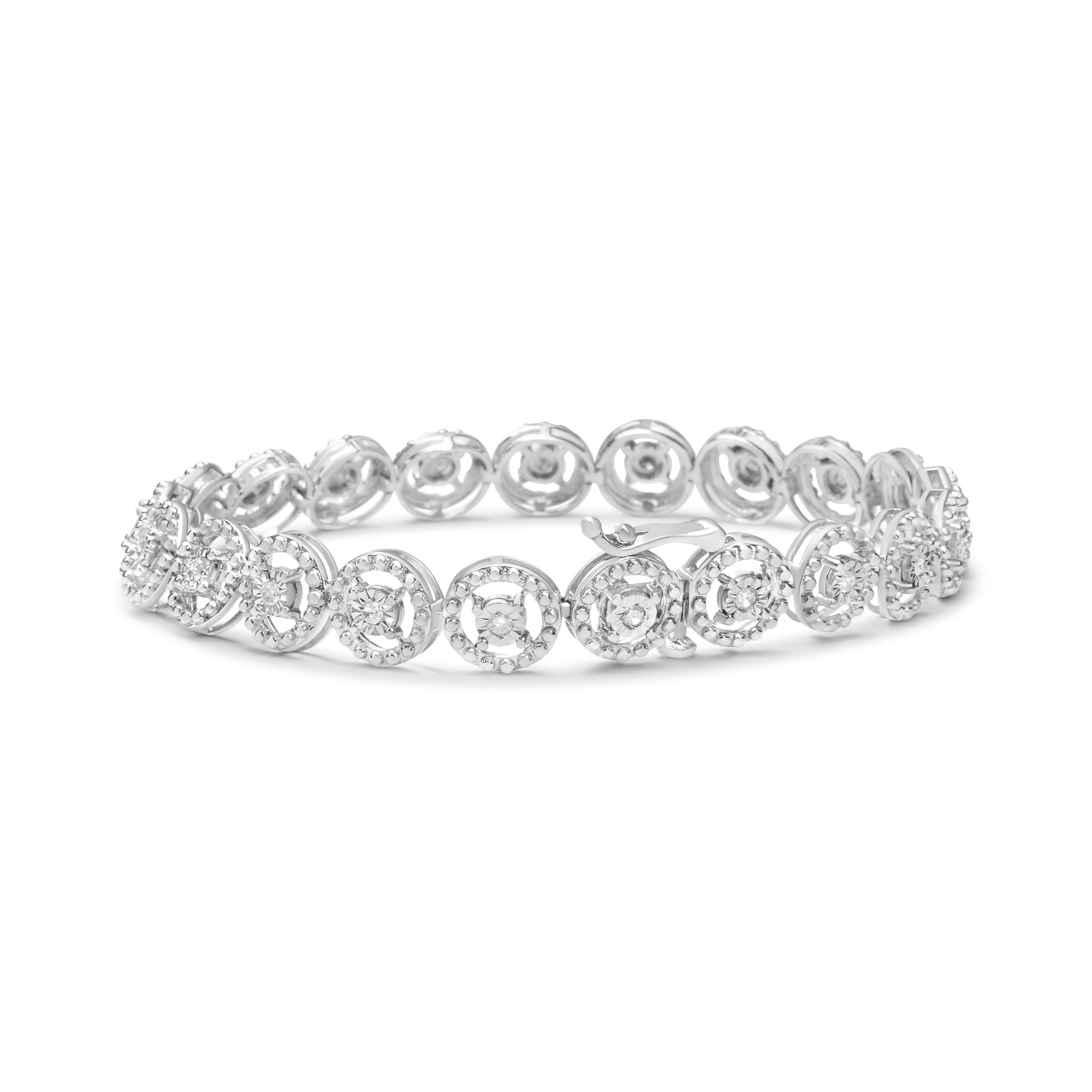 Elegant and timeless, this .925 sterling silver link bracelet features round, rose cut diamonds in a miracle plate setting, which centers each genuine diamond in a mirror-finish, high-polish frame, giving the illusion of a much larger stone. These