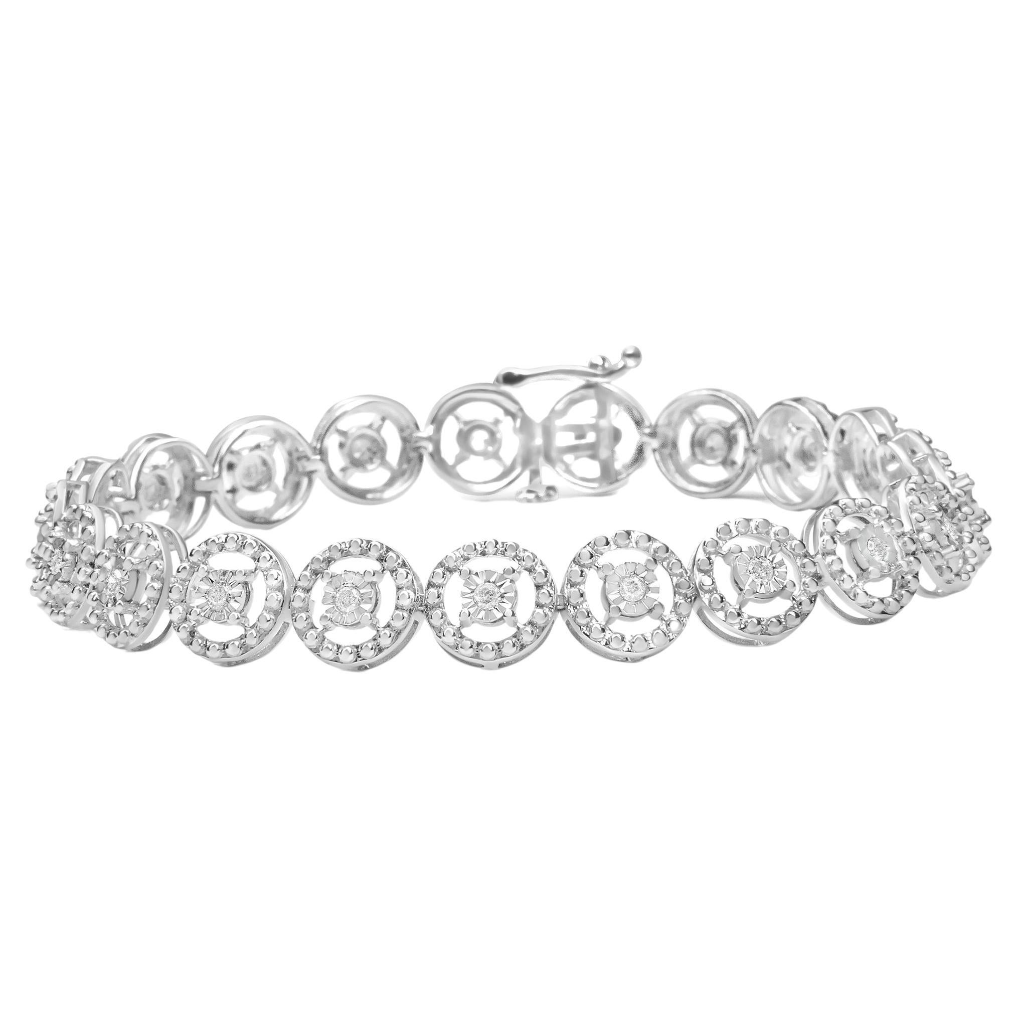 Sterling Silver 1/2 Carat Diamond Nested Circle Open Wheel Fashion Link Bracelet For Sale