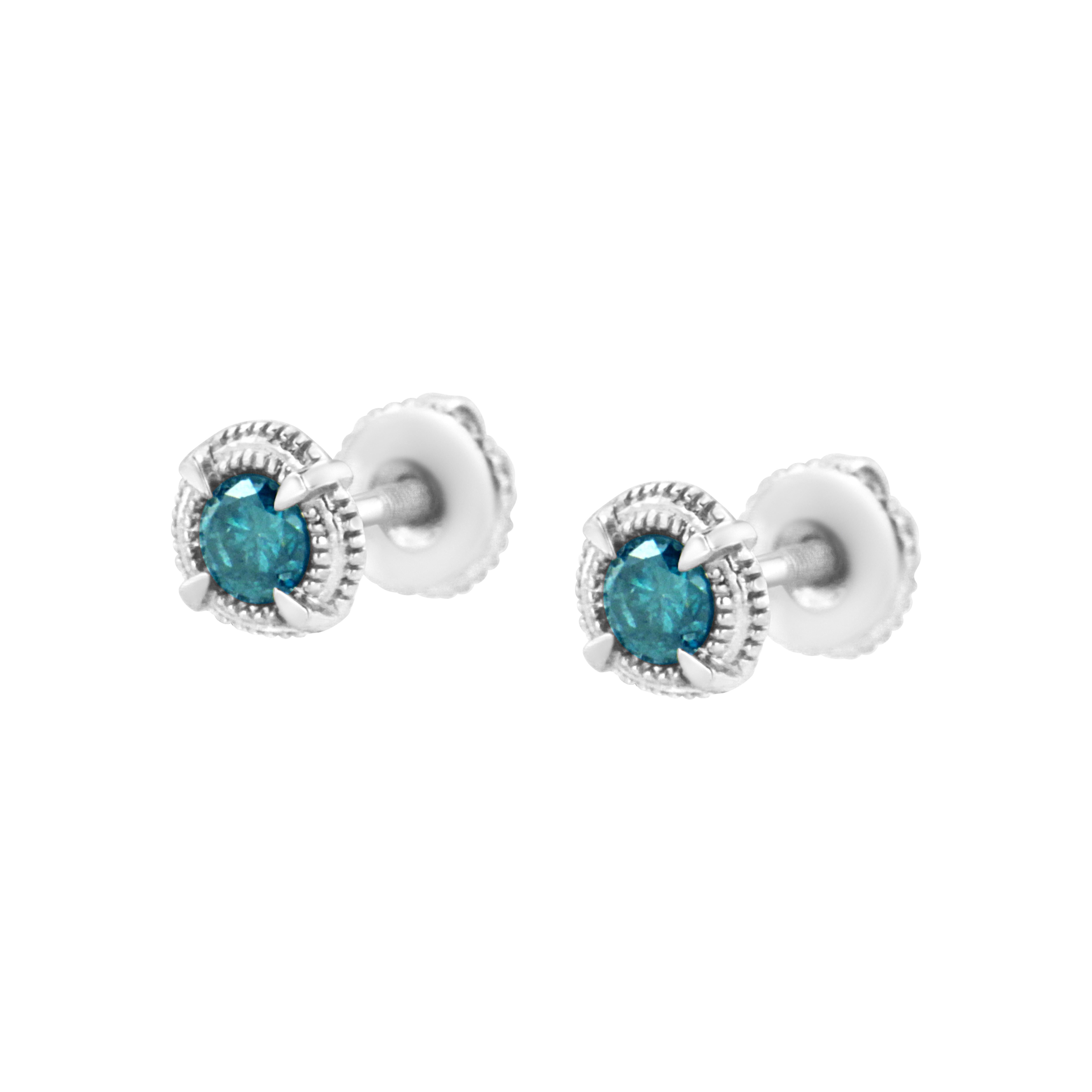 Contemporary Sterling Silver 1/2 Carat Treated Blue Diamond Solitaire Milgrain Stud Earrings For Sale