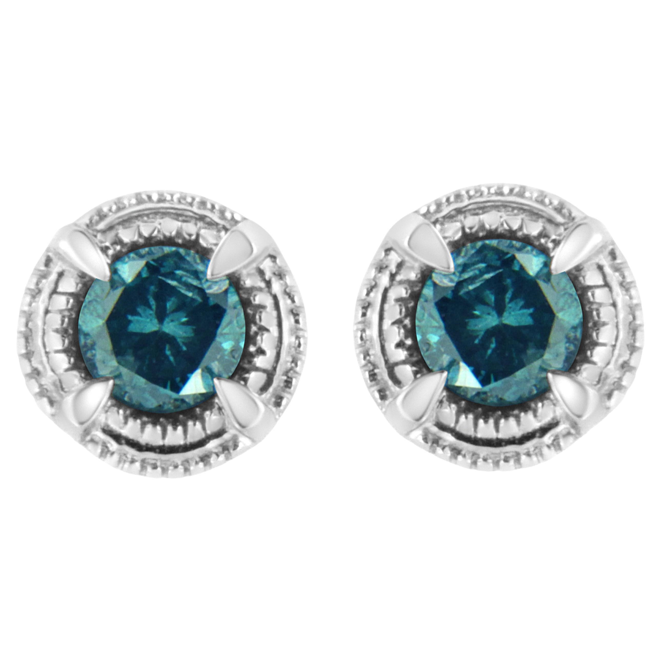 Sterling Silver 1/2 Carat Treated Blue Diamond Solitaire Milgrain Stud Earrings For Sale