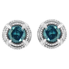 Sterling Silver 1/2 Carat Treated Blue Diamond Solitaire Milgrain Stud Earrings