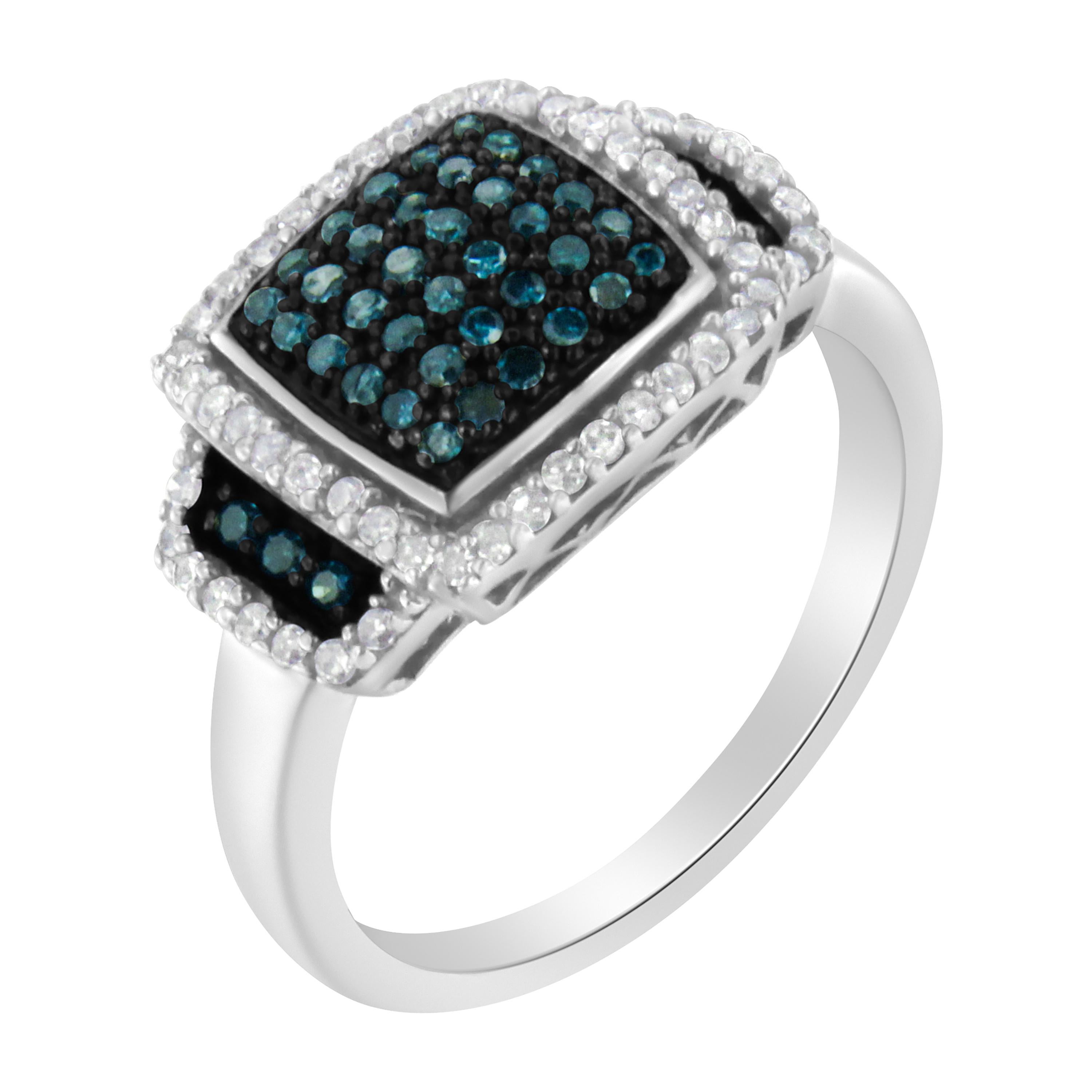 Contemporary Sterling Silver 1/2 Ct White and Treated Blue Diamond Multi Level Cocktail Ring For Sale
