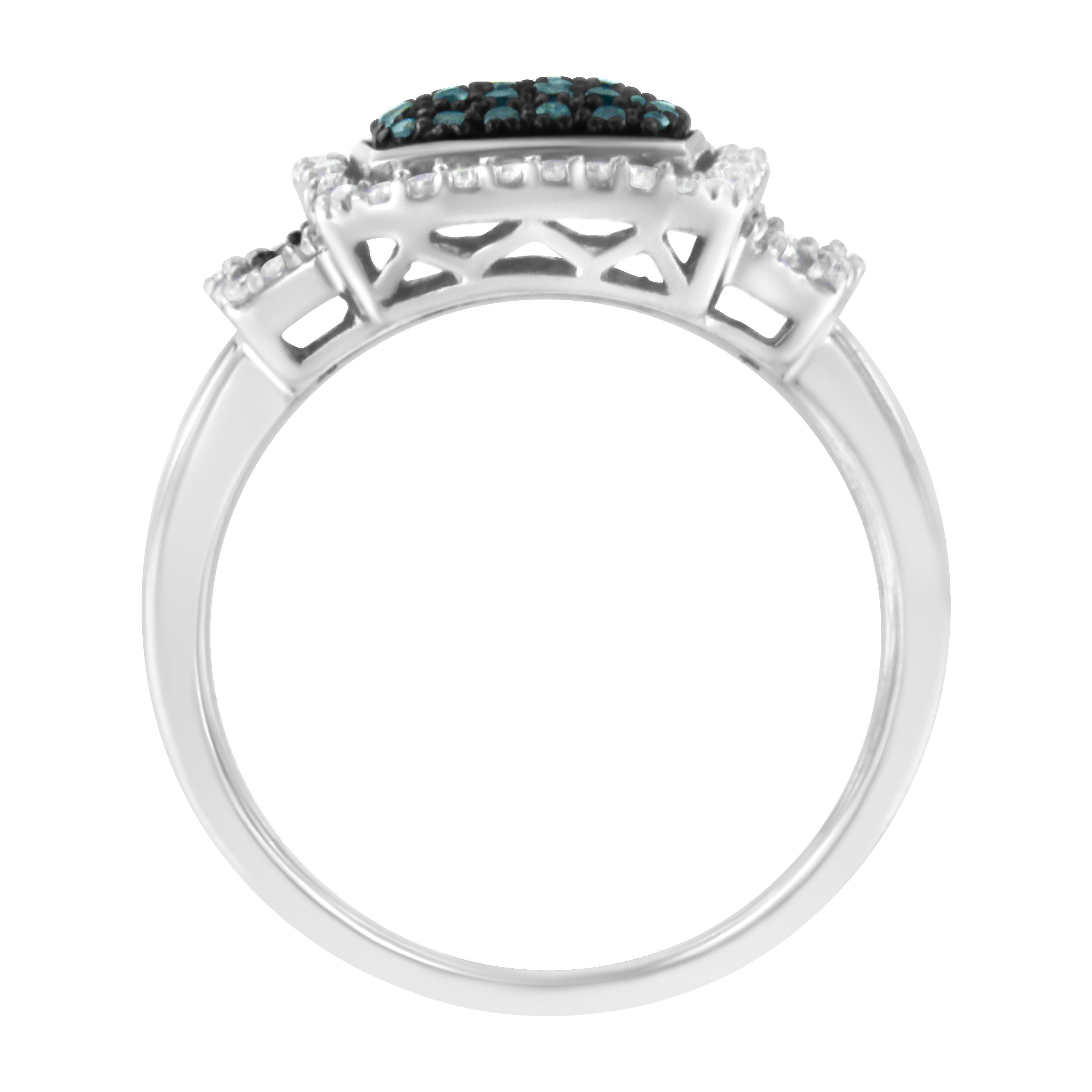 Round Cut Sterling Silver 1/2 Ct White and Treated Blue Diamond Multi Level Cocktail Ring For Sale