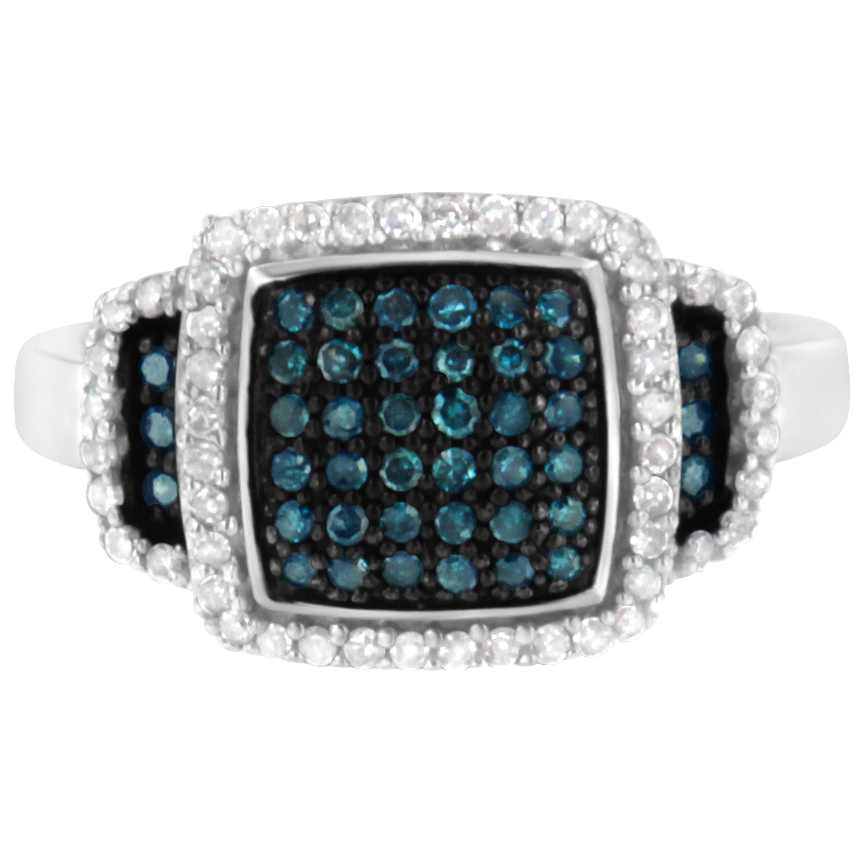 Anillo de Cóctel de Plata de Ley 1/2 Quilate de Diamantes Blancos y Azules Tratados