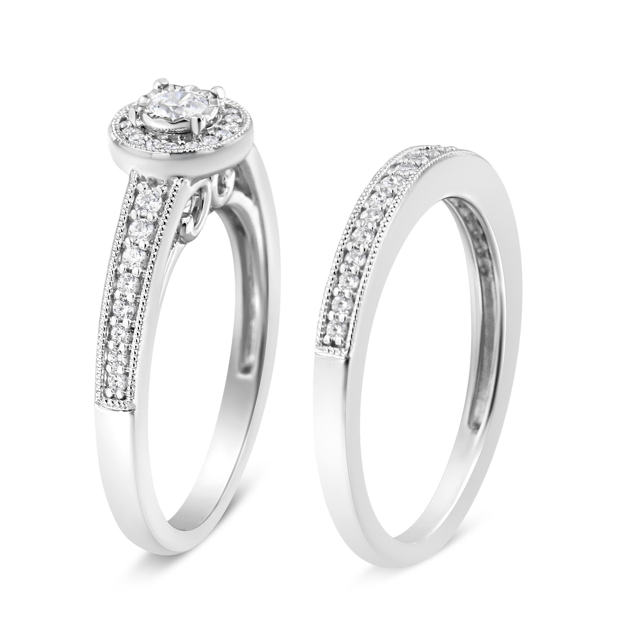 Moderne Sterling Silver 1/2 Ctw Diamond Halo and Milgrain Engagement Ring Bridal Set en vente