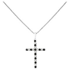 Sterling Silver 1/2ct Alternating Black and White Diamond Cross Pendant Necklace