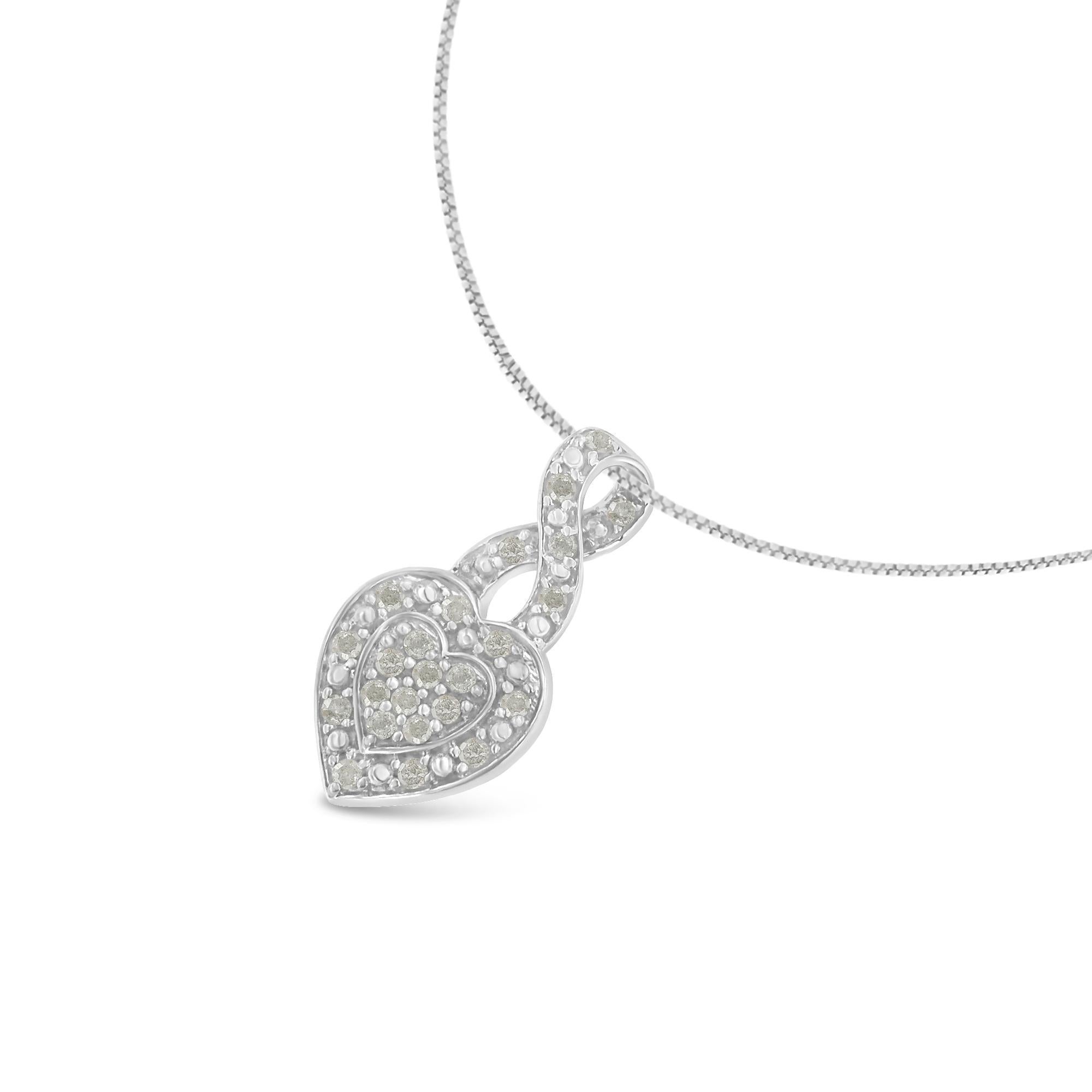 Contemporary Sterling Silver 1/3 Carat Diamond Awareness Ribbon Halo Heart Pendant Necklace For Sale