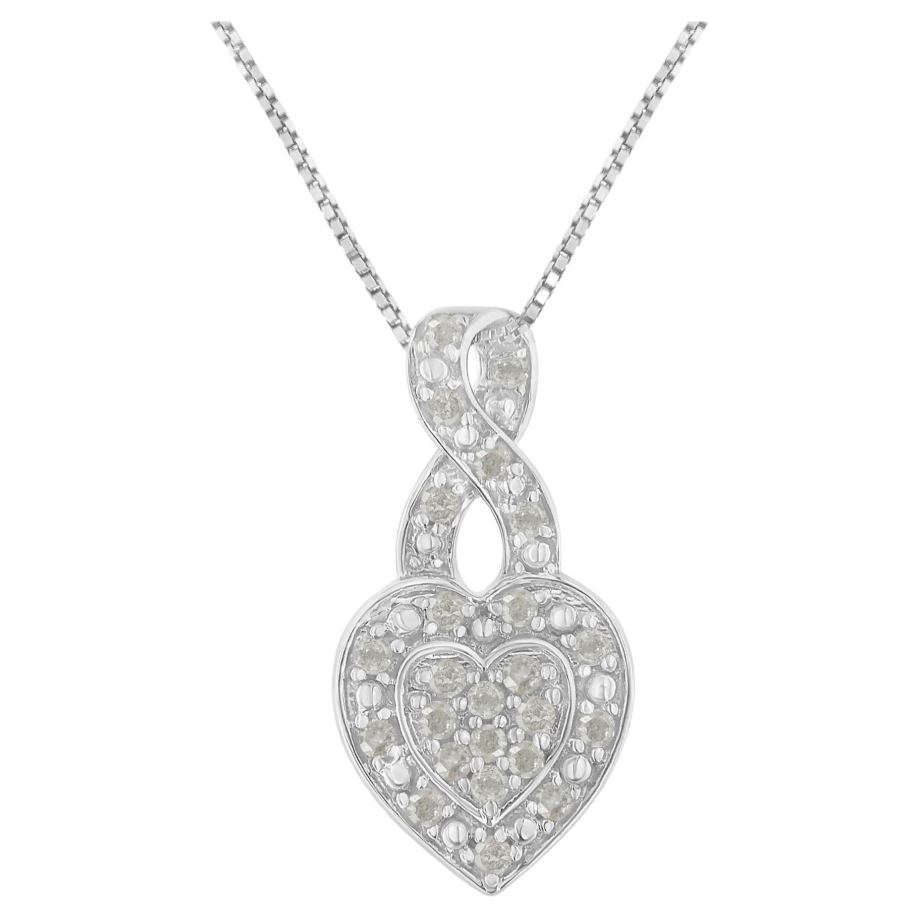 Sterling Silver 1/3 Carat Diamond Awareness Ribbon Halo Heart Pendant Necklace For Sale