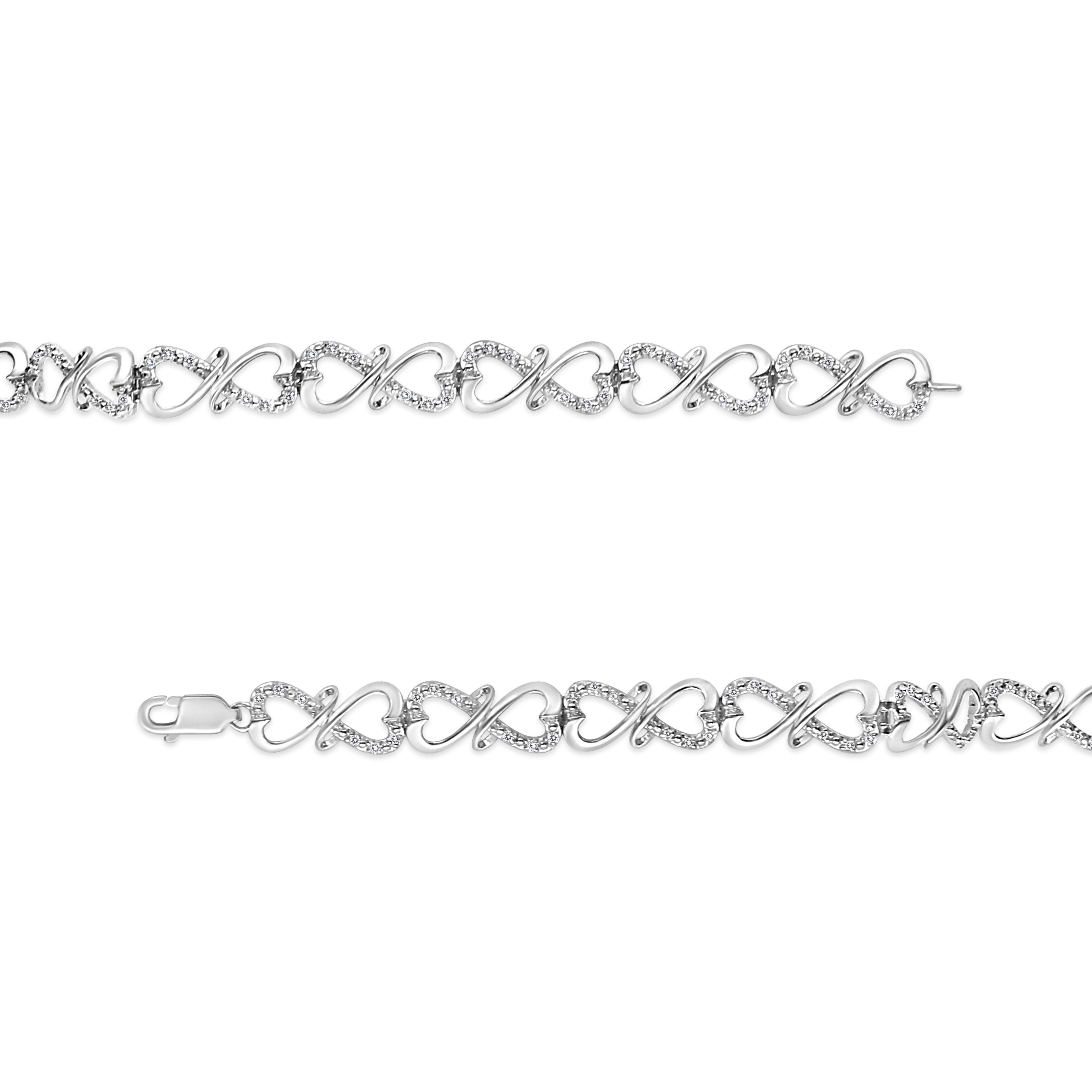 Round Cut Sterling Silver 1/3 Carat Round-Cut Diamond Double Heart Infinity Link Bracelet For Sale