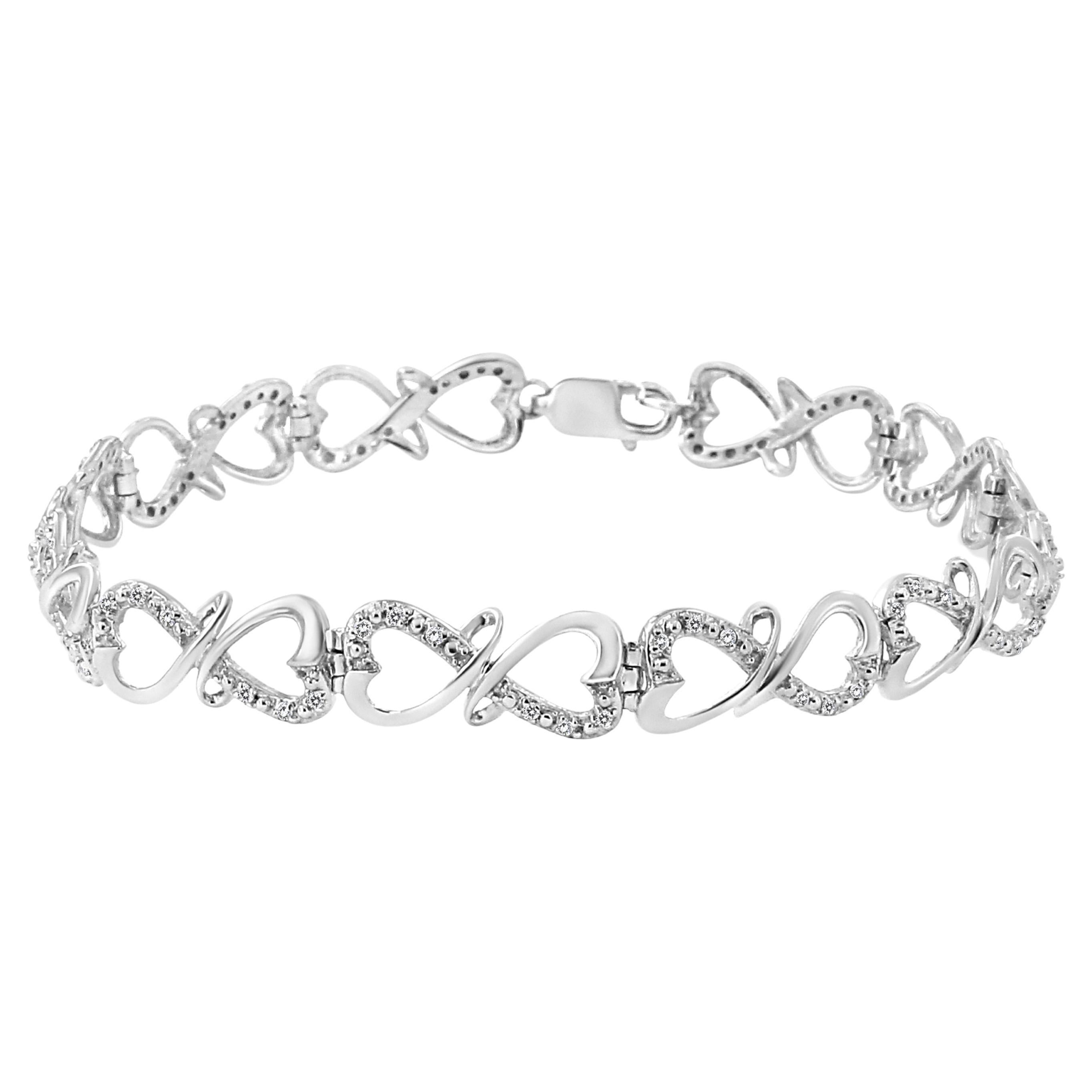 Sterling Silver 1/3 Carat Round-Cut Diamond Double Heart Infinity Link Bracelet For Sale