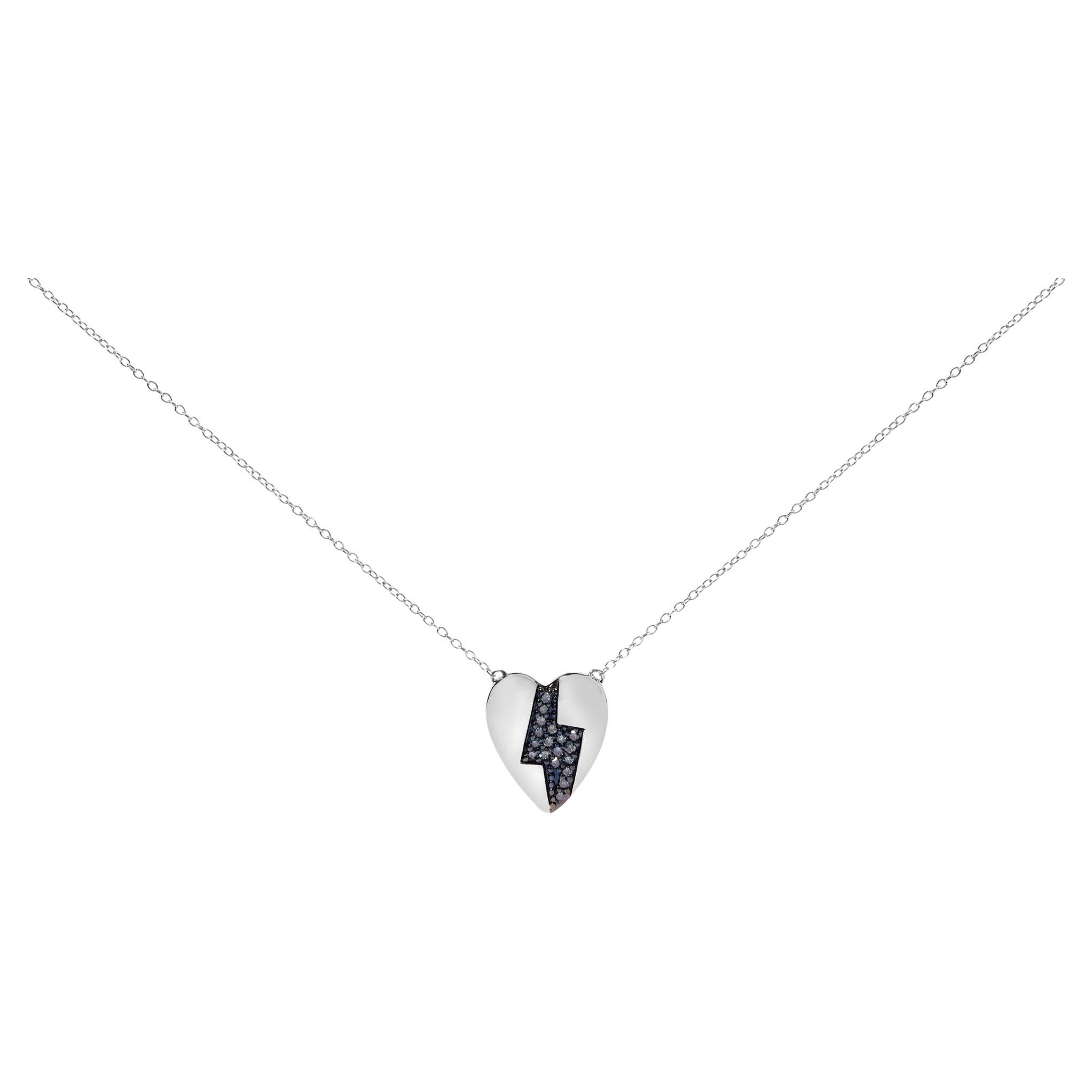 Sterling Silver 1/3 Ctw Blue Diamond Heart and Lightning Bolt Pendant Necklace