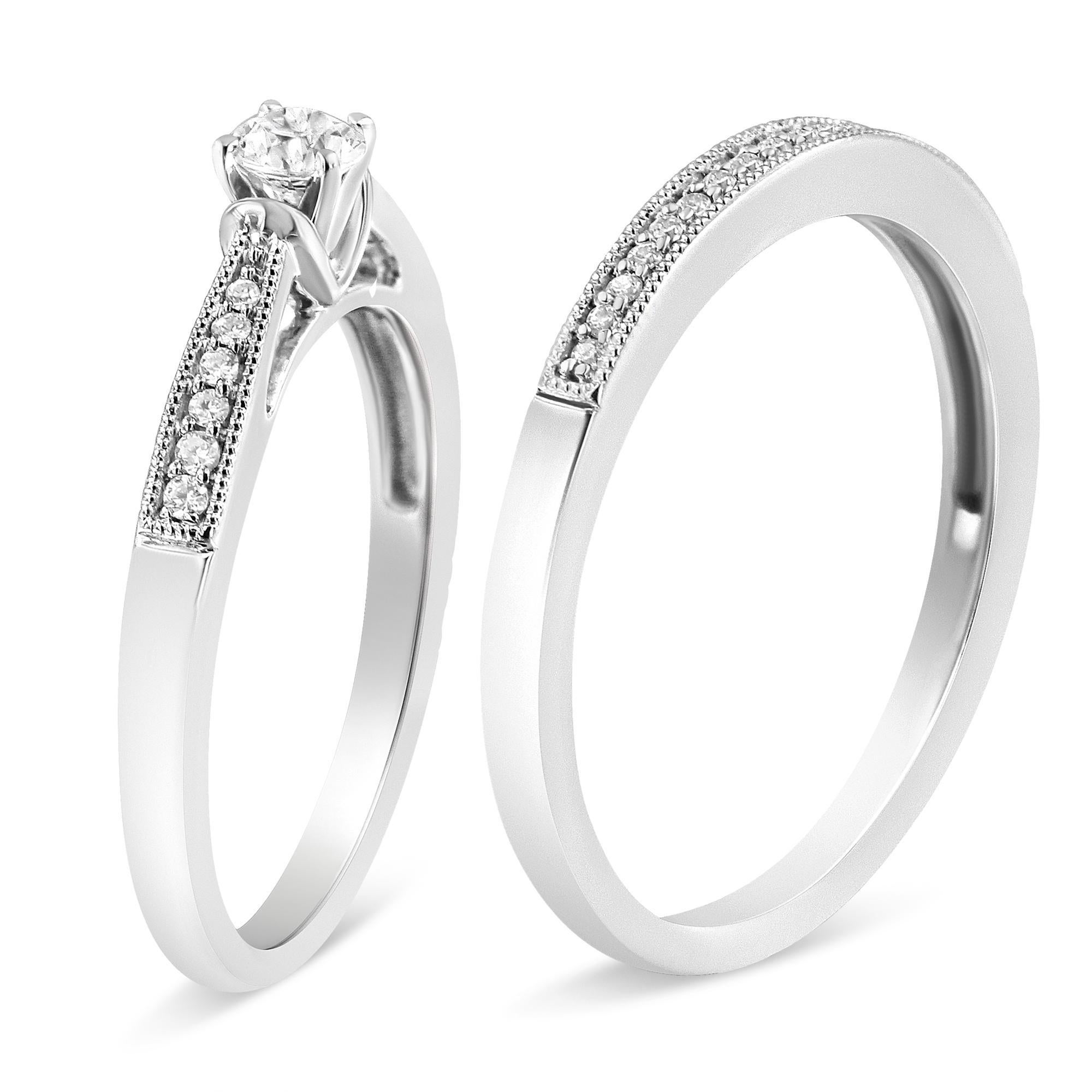 Moderne Sterling Silver 1/3 Ctw Diamond Classic Engagement Ring Bridal Set with Milgrain en vente