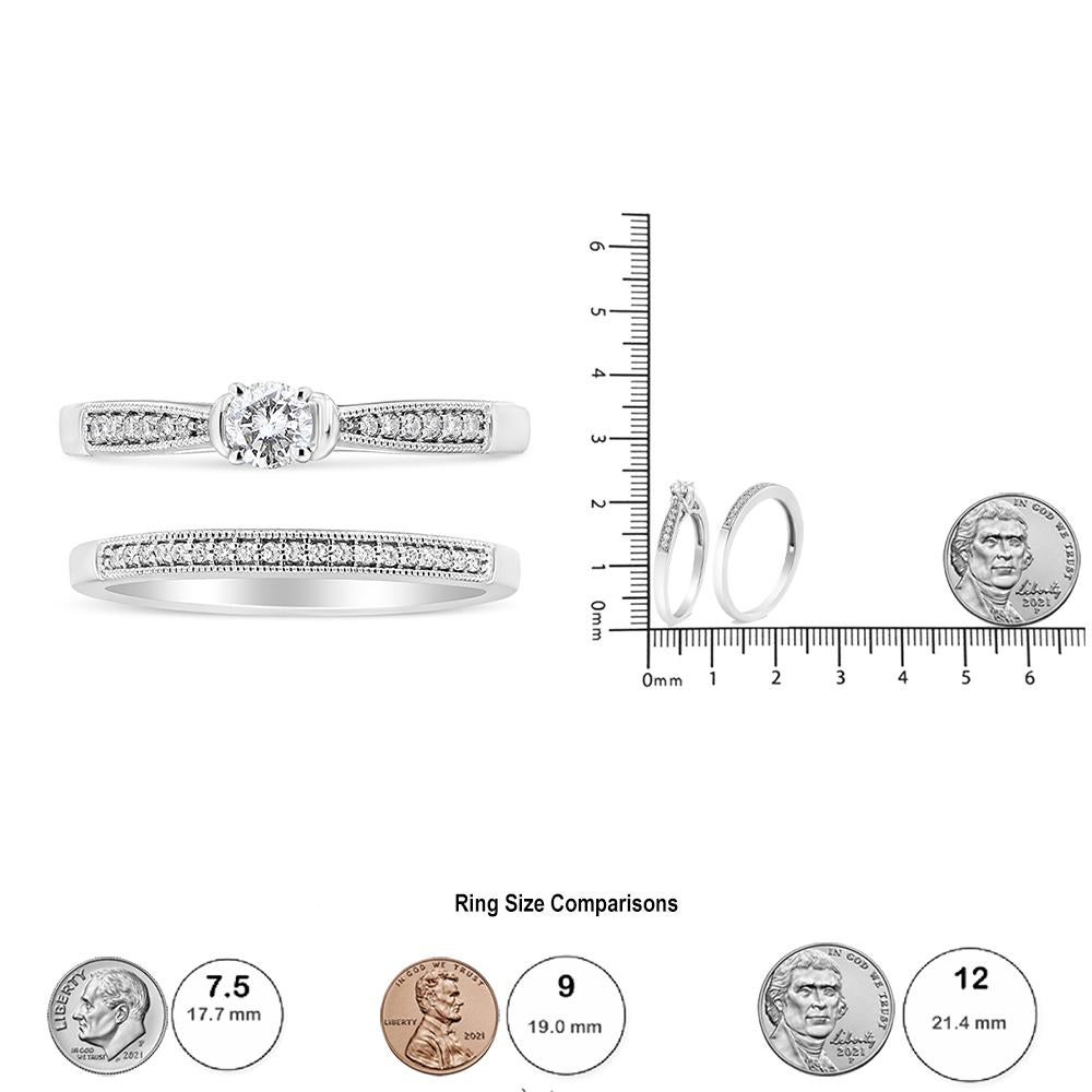 Sterling Silver 1/3 Ctw Diamond Classic Engagement Ring Bridal Set with Milgrain Neuf - En vente à New York, NY