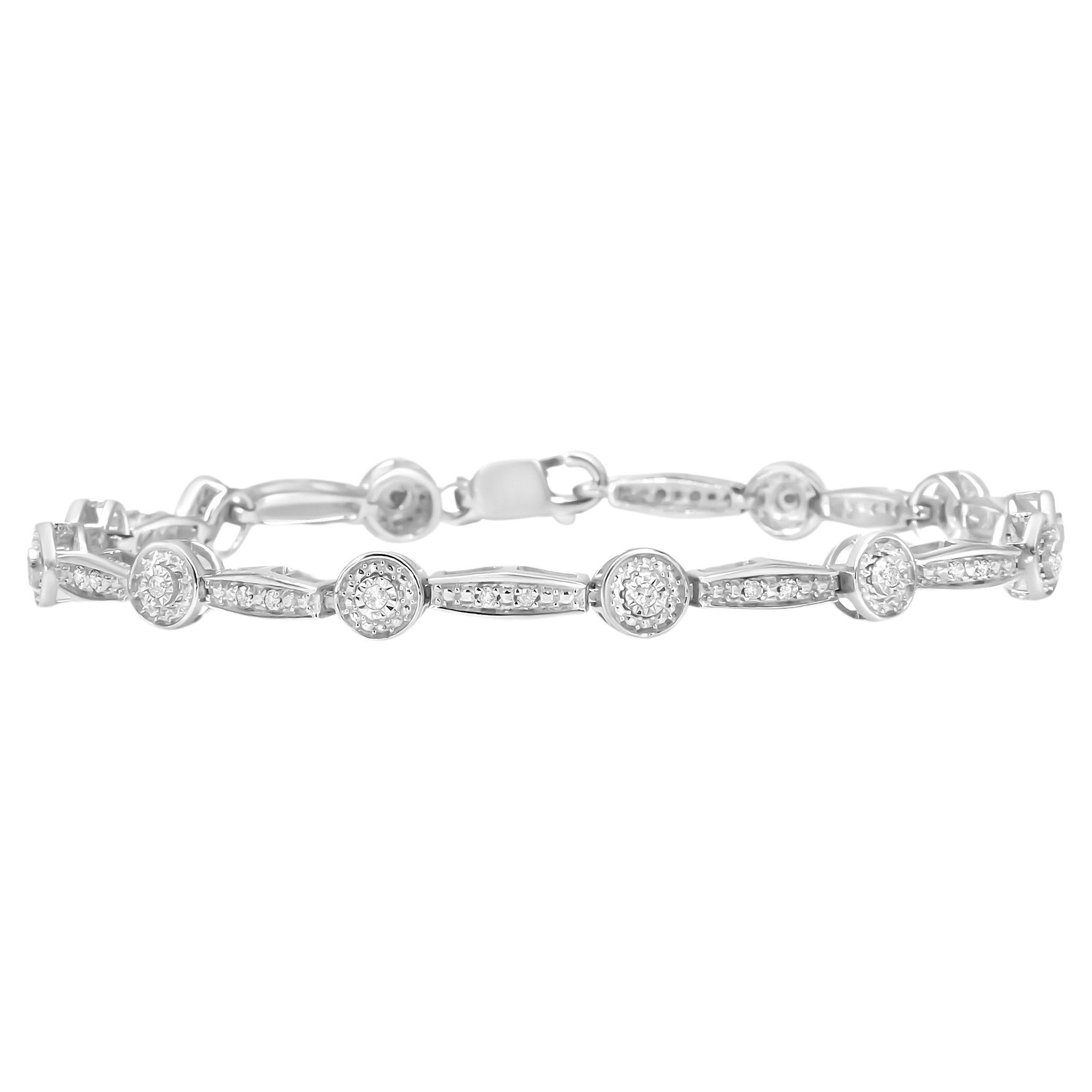 Sterling Silver 1/4 Carat Diamond Circle and Rectangle Shaped Halo Link Bracelet