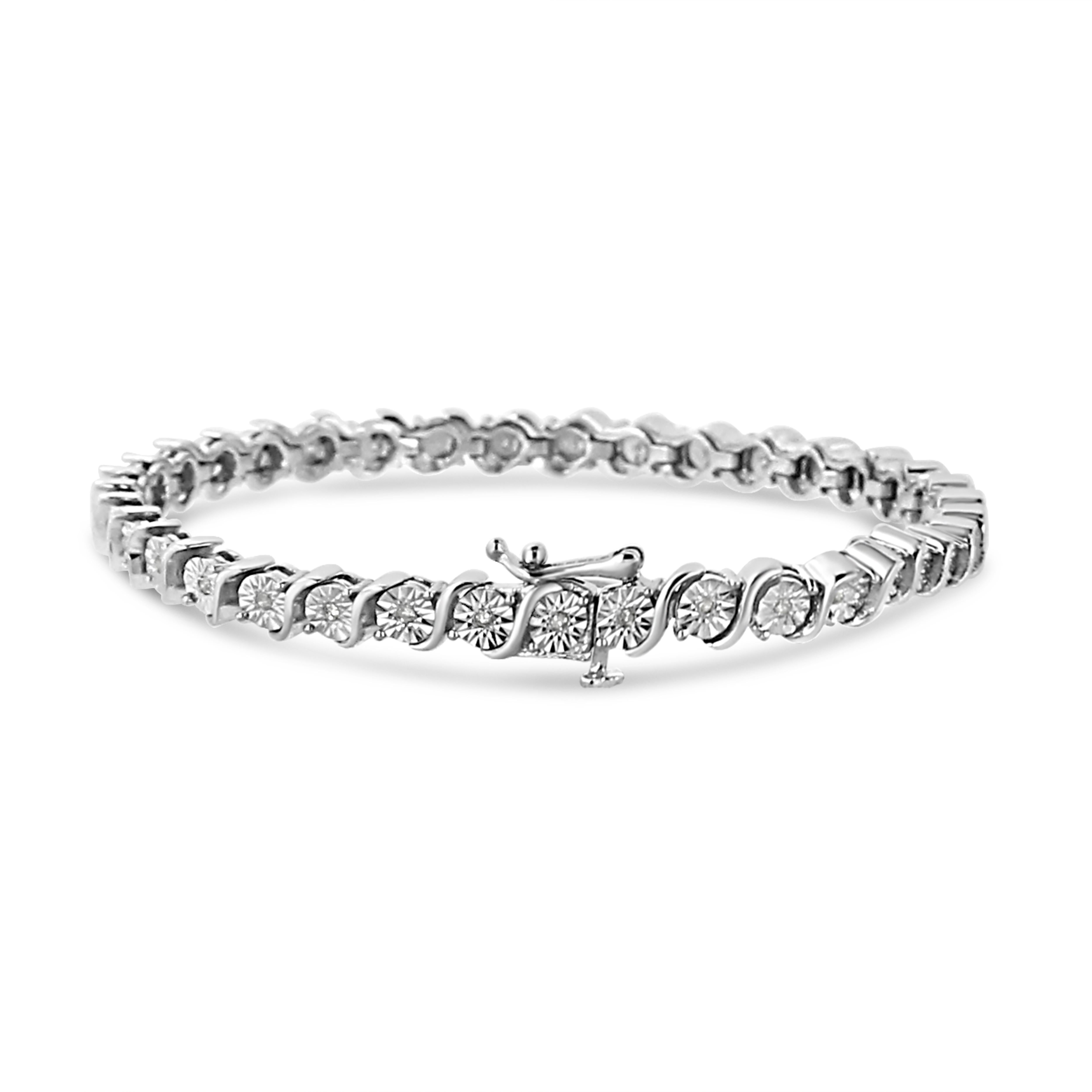 Elegant and timeless, this gorgeous 92.5% sterling silver tennis bracelet features 0.25 carat total weight of natural round brilliant cut white diamonds with 37 individual stones in all. The tennis bracelet has each diamond set into a faceted bezel