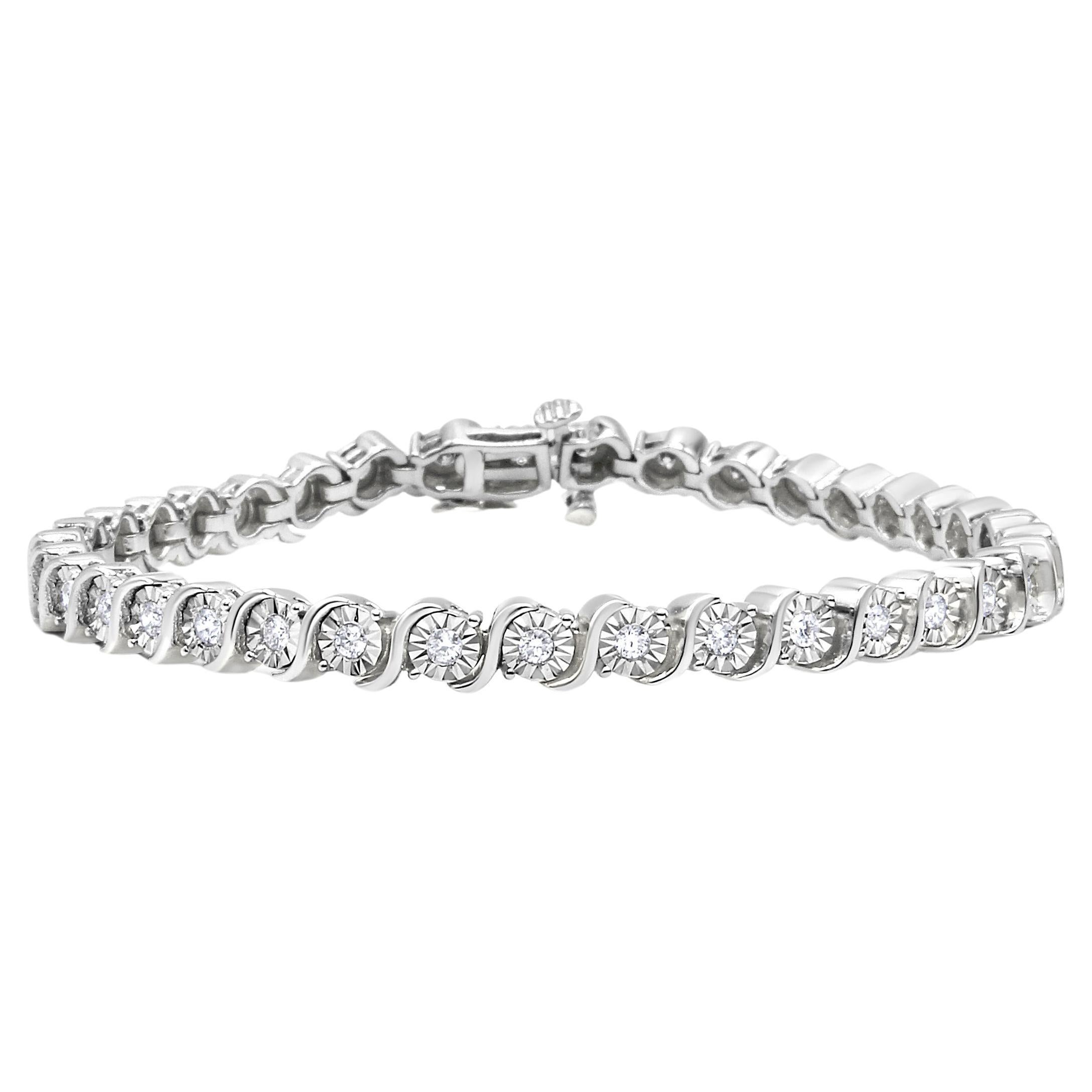 Sterling Silver 1/4 Carat Diamond Round Miracle Plate & "S" Link Tennis Bracelet