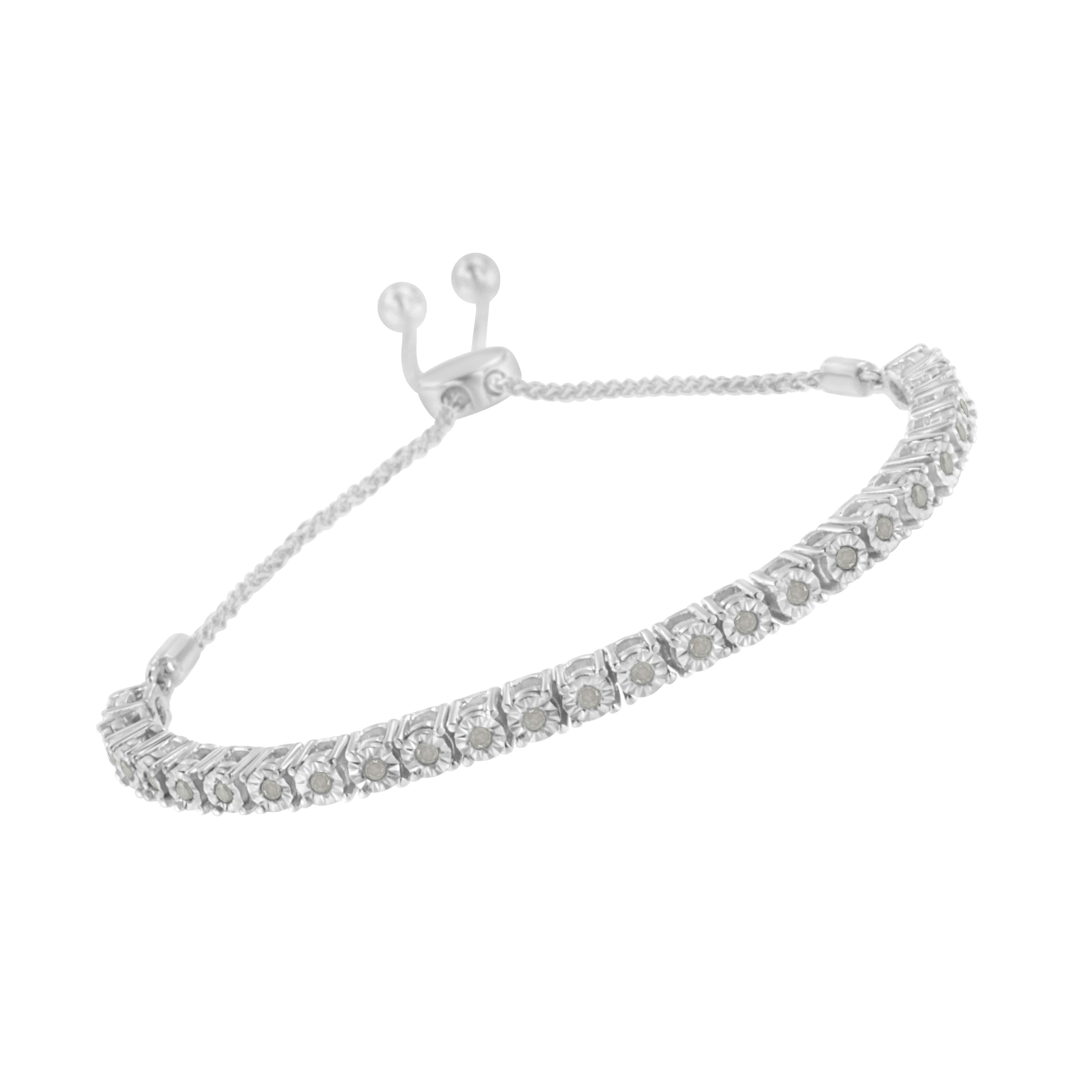 Contemporary Sterling Silver 1/4 Carat Miracle-Set Diamond Adjustable Bolo Tennis Bracelet For Sale
