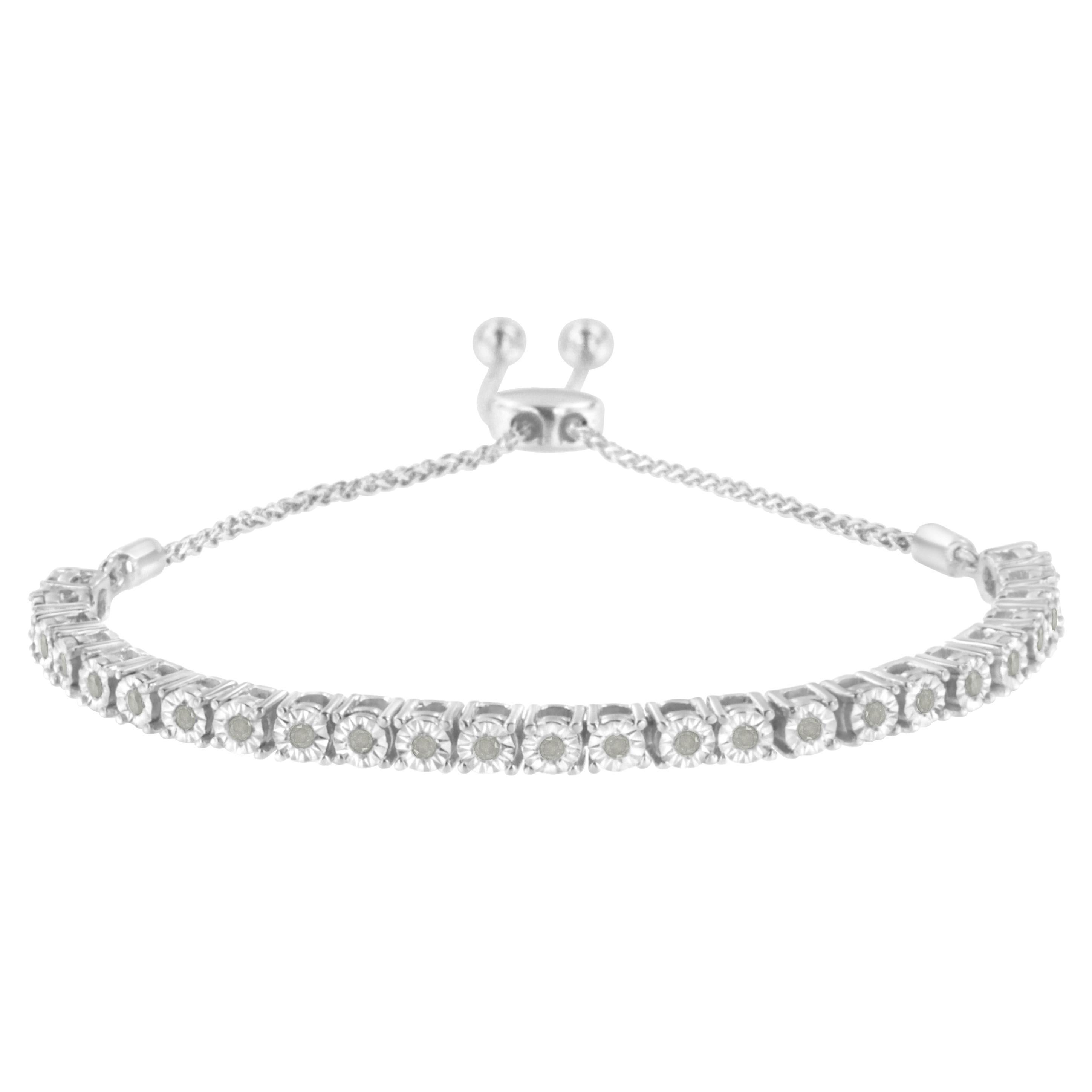 Sterling Silver 1/4 Carat Miracle-Set Diamond Adjustable Bolo Tennis Bracelet For Sale