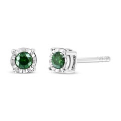 Sterling Silver 1/4 Carat Rose Cut Treated Green Diamond Solitaire Stud Earrings